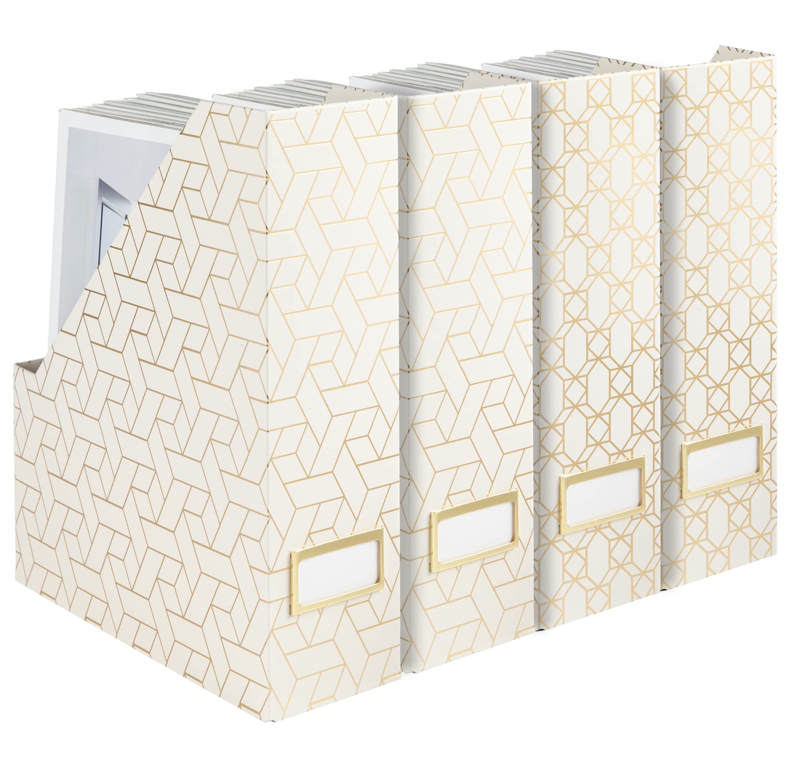 BLU MONACO | Cardboard Magazine File Holder Set of 4 | Vertical Magazine File Holder for Desk and Shelves | Cream Gold Foldable Magazine Holders with Label Slots