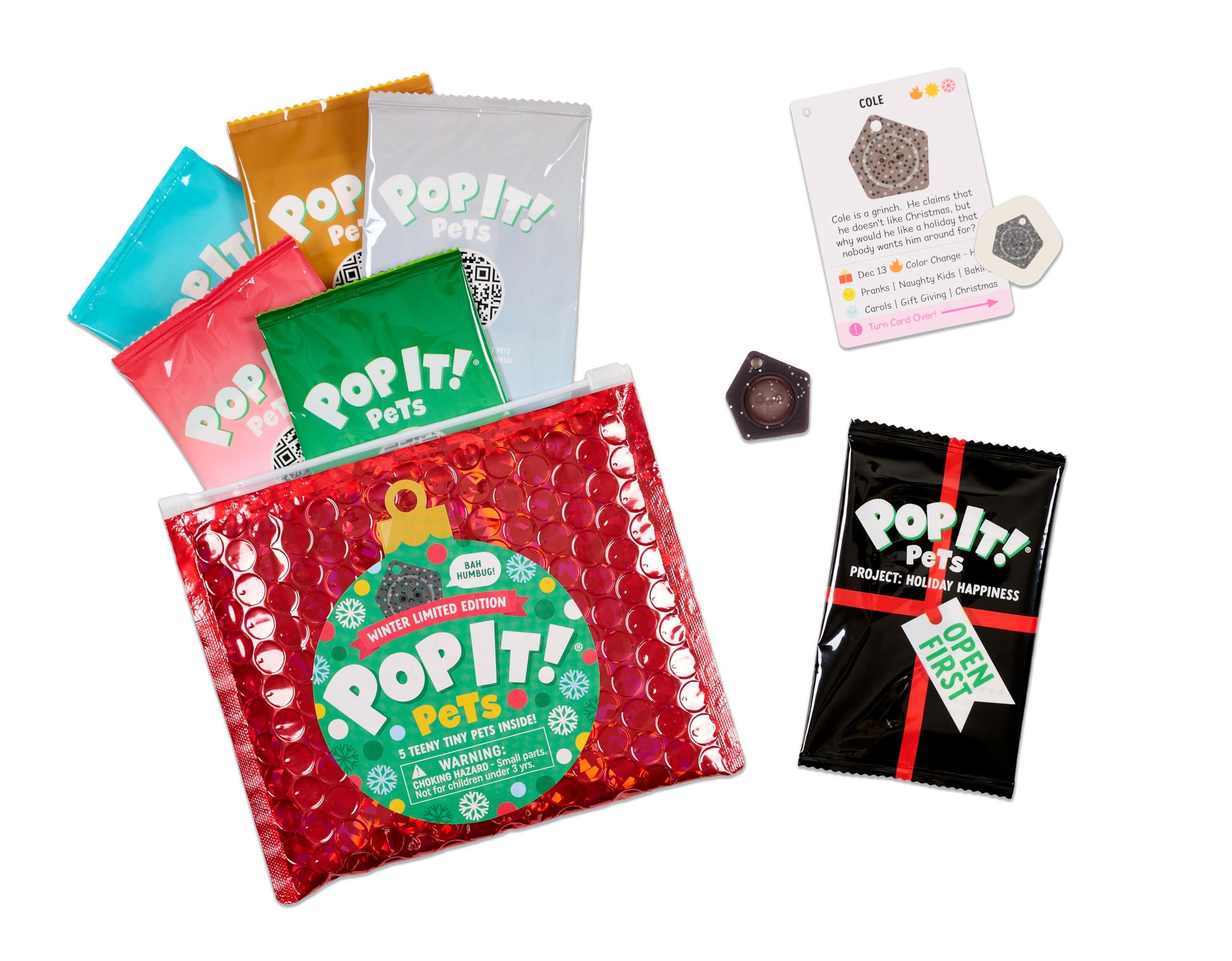 Buffalo Games POP IT! Pets Holiday Limited Edition - Christmas Mystery Bag - 5 New Pets in Each Bag - Mini Pop It! Collectables - Festive Holiday Spirit Story - Stocking Stuffer Collectible Pouch