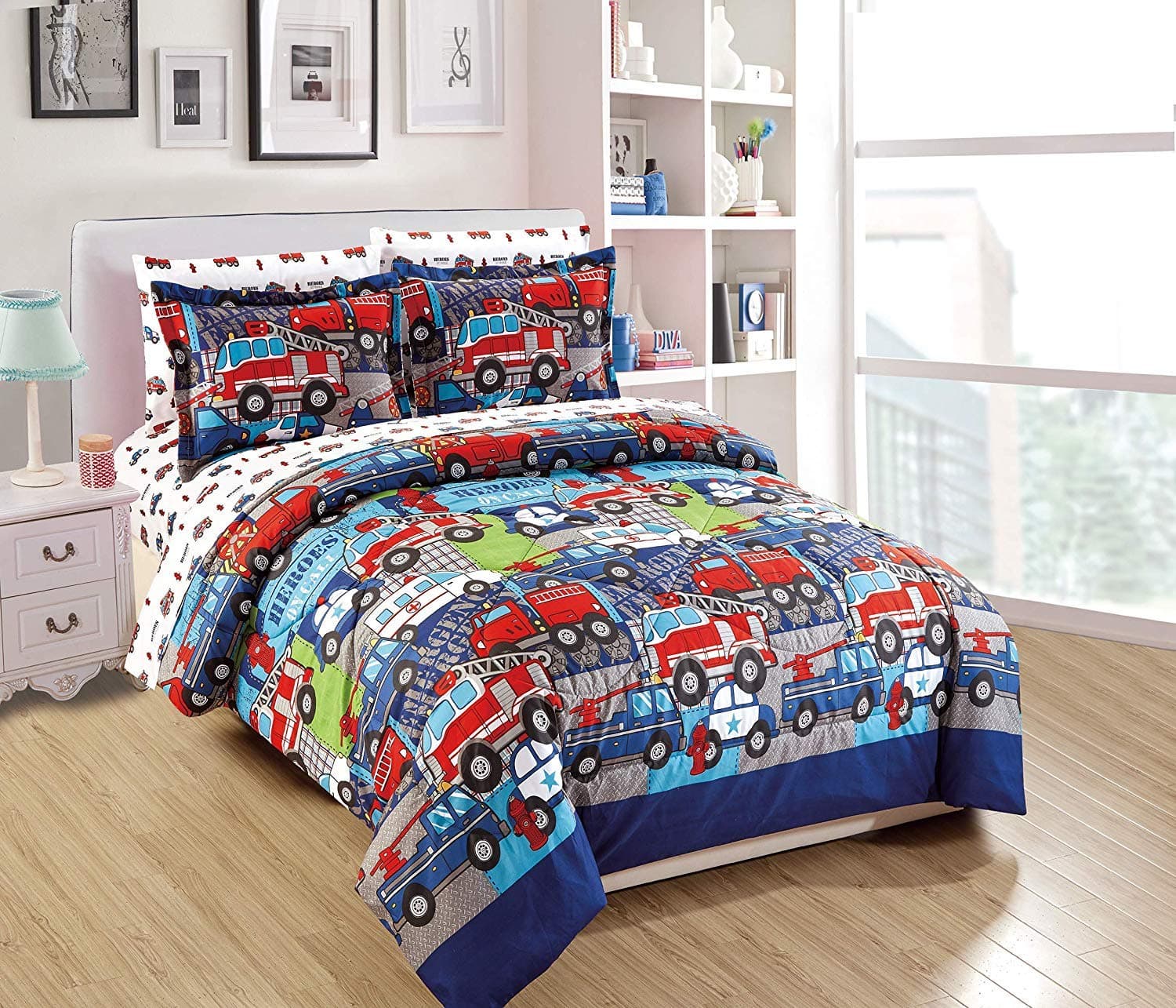 Multicolor Heroes First Responders Police Cars Fire Trucks Ambulances Design 7 Piece Comforter Bedding Set for Boys/Kids Bed in a Bag with Sheet Set # Heroes 2 (Queen Size)