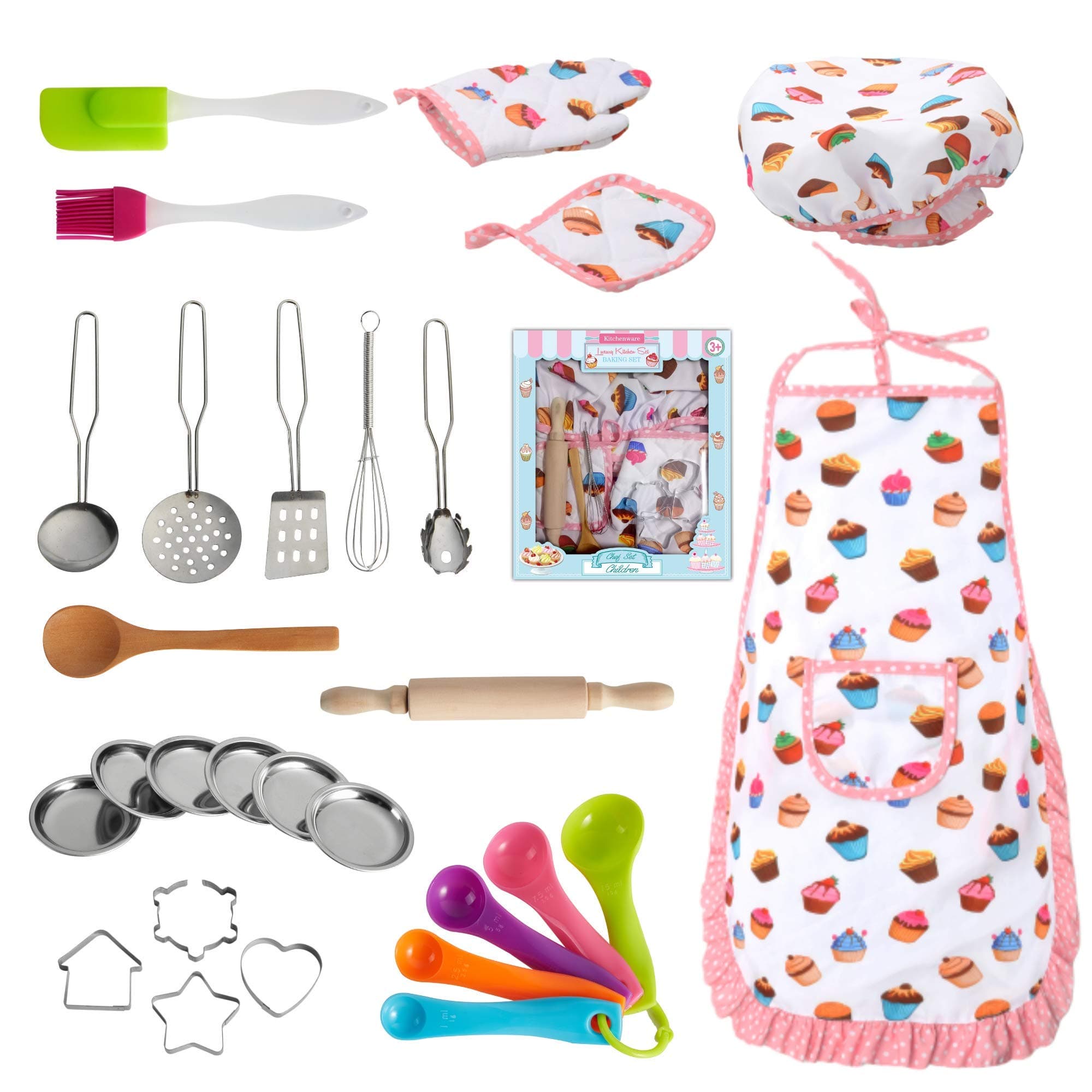 Nearbyme Kids Cooking and Baking Chef Set - 28 Pcs Includes Apron, Chef Hat, Oven Mitt, Pot Holders, Plates, Rolling Pin, Spoon, Cookie Cutters and Baking Utensil for Age 3+ Girls Gift