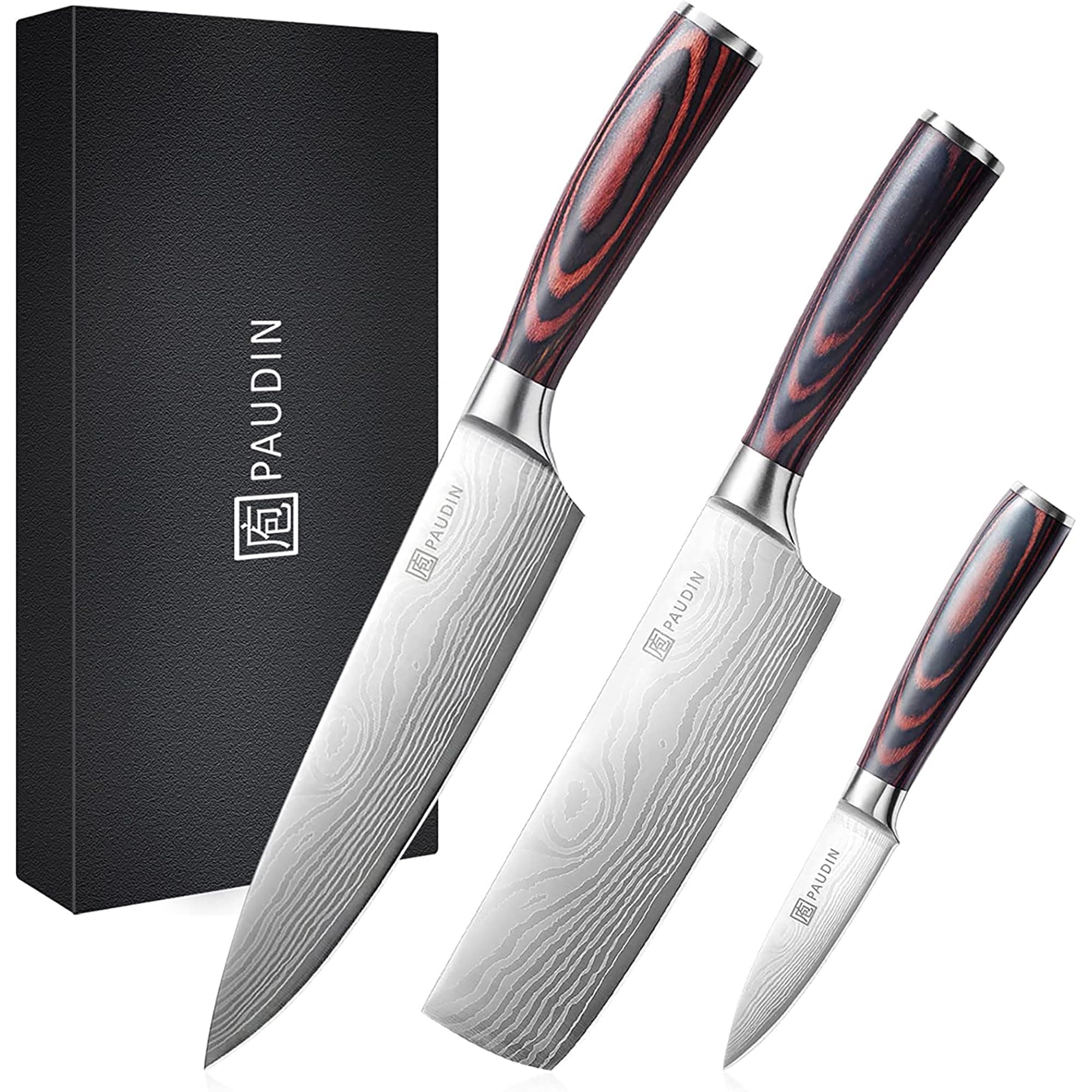 PAUDIN Kitchen Knife Set, 3 Pcs Japanese Knife Set, Professional Kitchen Knives with High Carbon Stainless Steel, with Ultra Sharp Blade & Wooden Handle,Chef Knive Set