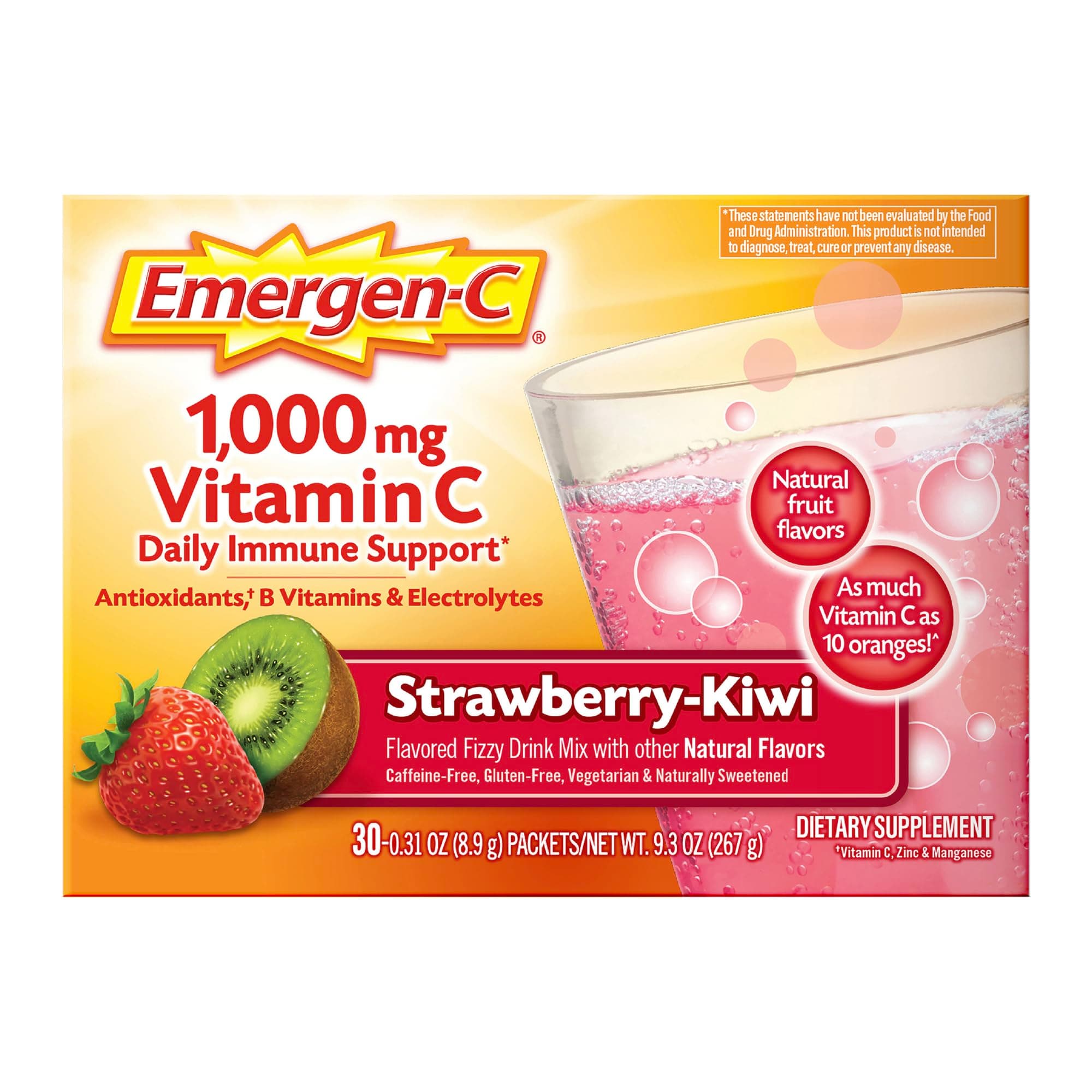1000mg Vitamin C Immune Support Powder Strawberry Kiwi 30CT includes Zinc, Manganese, 7 B Vitamins and Electrolytes for Back to School Essentials