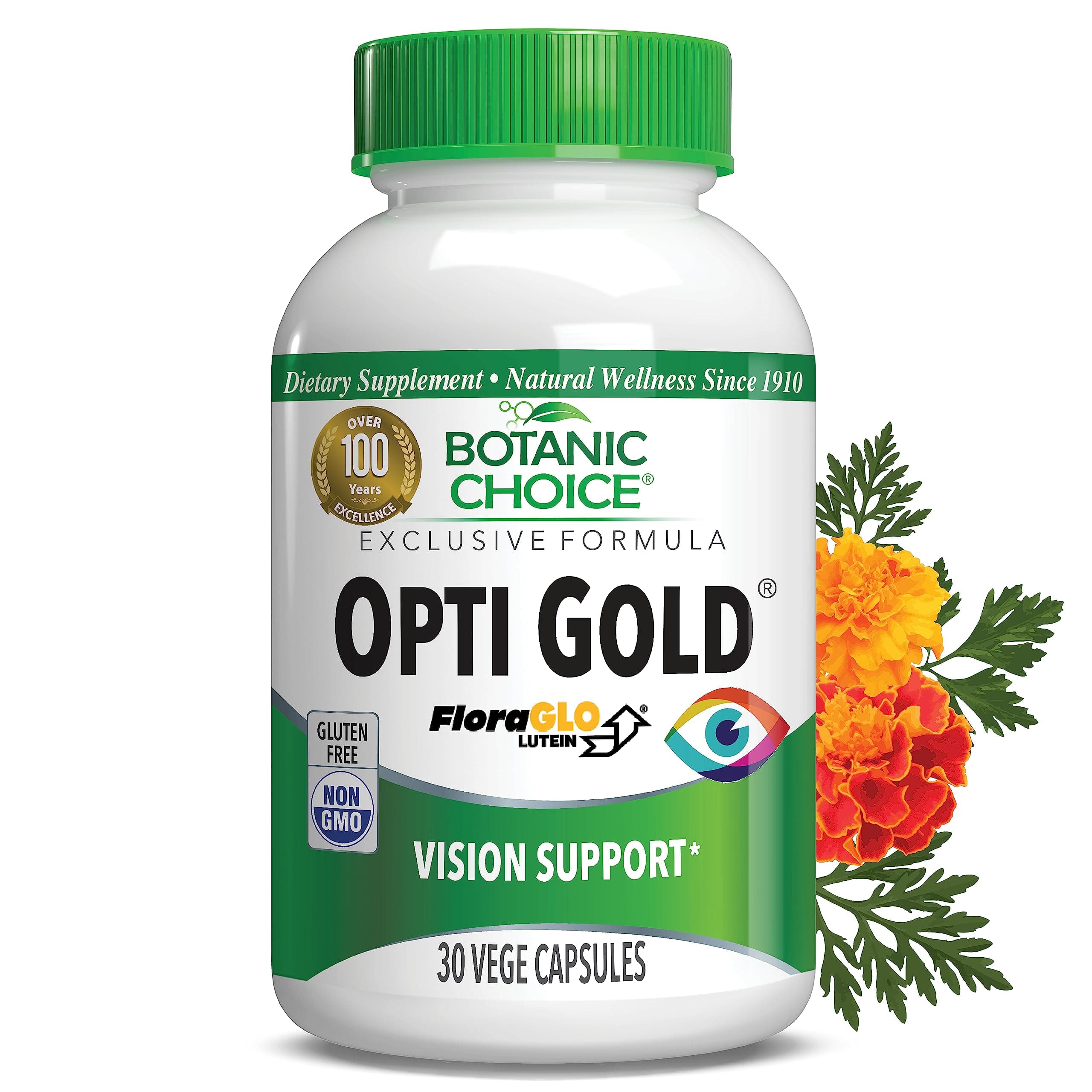 Botanic Choice Opti Gold Vision Eye Health Support Supplement - Six Nutrients and Vitamins with Taurine, Lutein Alpha Lipoic Acid and FloraGlo - Gluten Free, Non-GMO, 30 Capsules