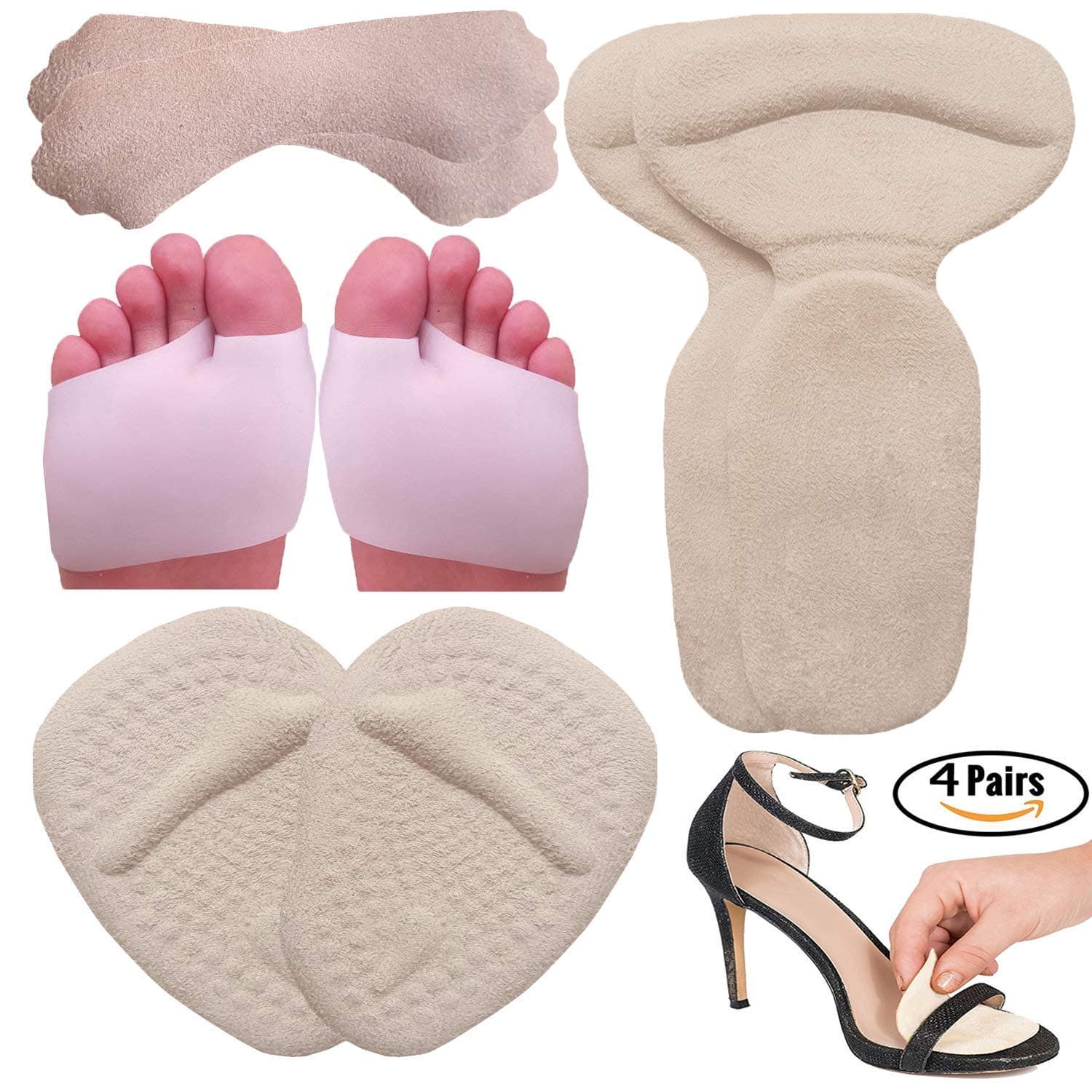 High Heel Pads | Gel Metatarsal pads for women Ball of Foot Cushions, Heel Grips, Gel Metatarsal Pads, High Heel Gel Inserts | All Day Pain Relief and Comfort One Size Fits Shoe Inserts (8 Pieces)