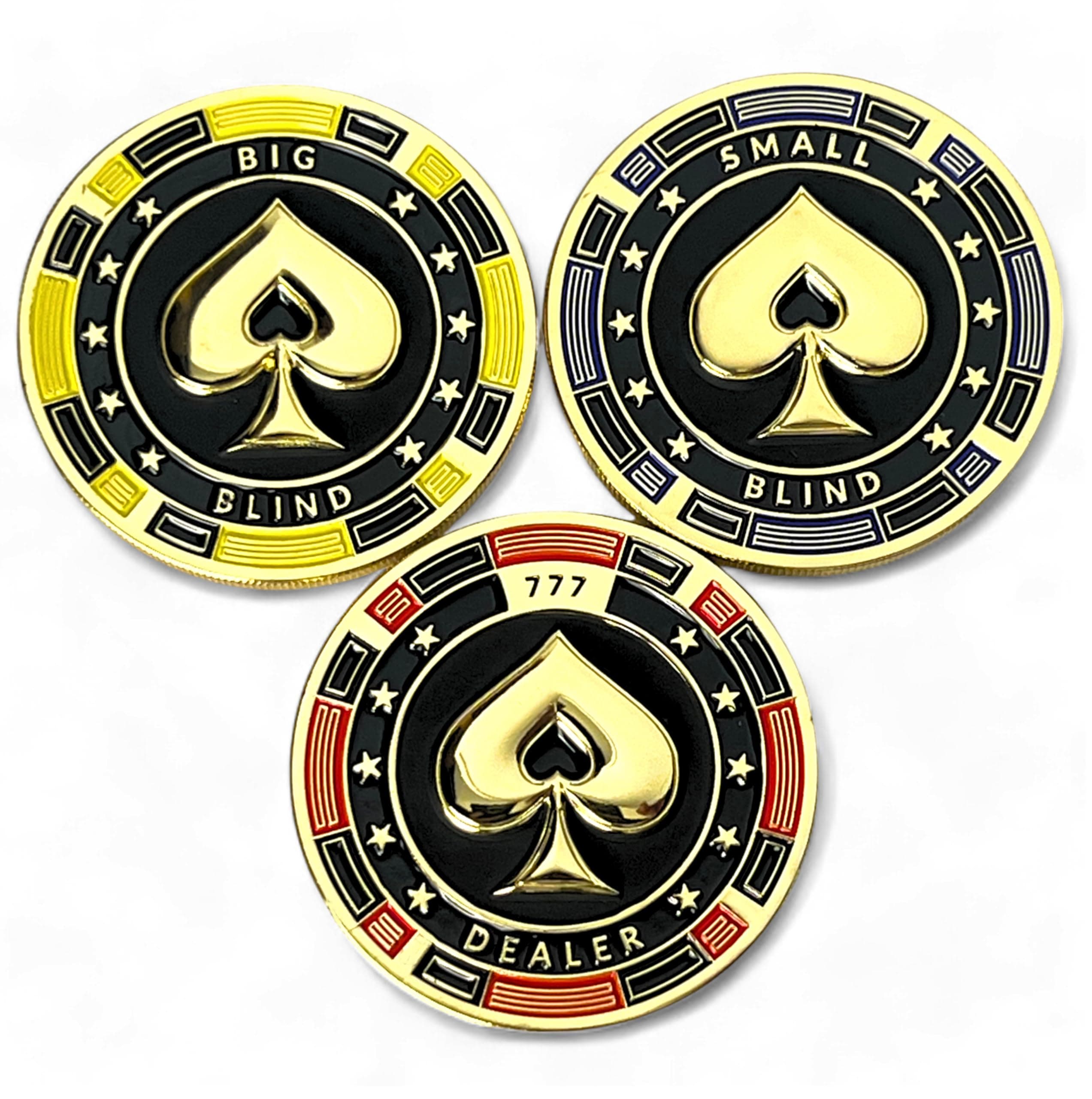 Luck Lab Metal Poker Buttons Set (Dealer, Big Blind, Small Blind) – 3 Premium Gold-Plated 3 mm Weighted 1.75″ Position Markers – Includes Protective Case + Velvet Pouch - 3D Spade Design
