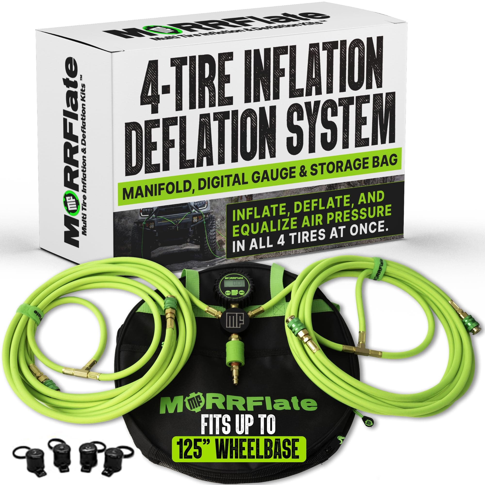 Quad 4 Tire Inflation & Deflation System – 800D Braided Hose – Fits Up to 125" Wheelbase – Manifold, Digital Gauge & Storage Bag Included (Hose Kit Only, No Compressor)