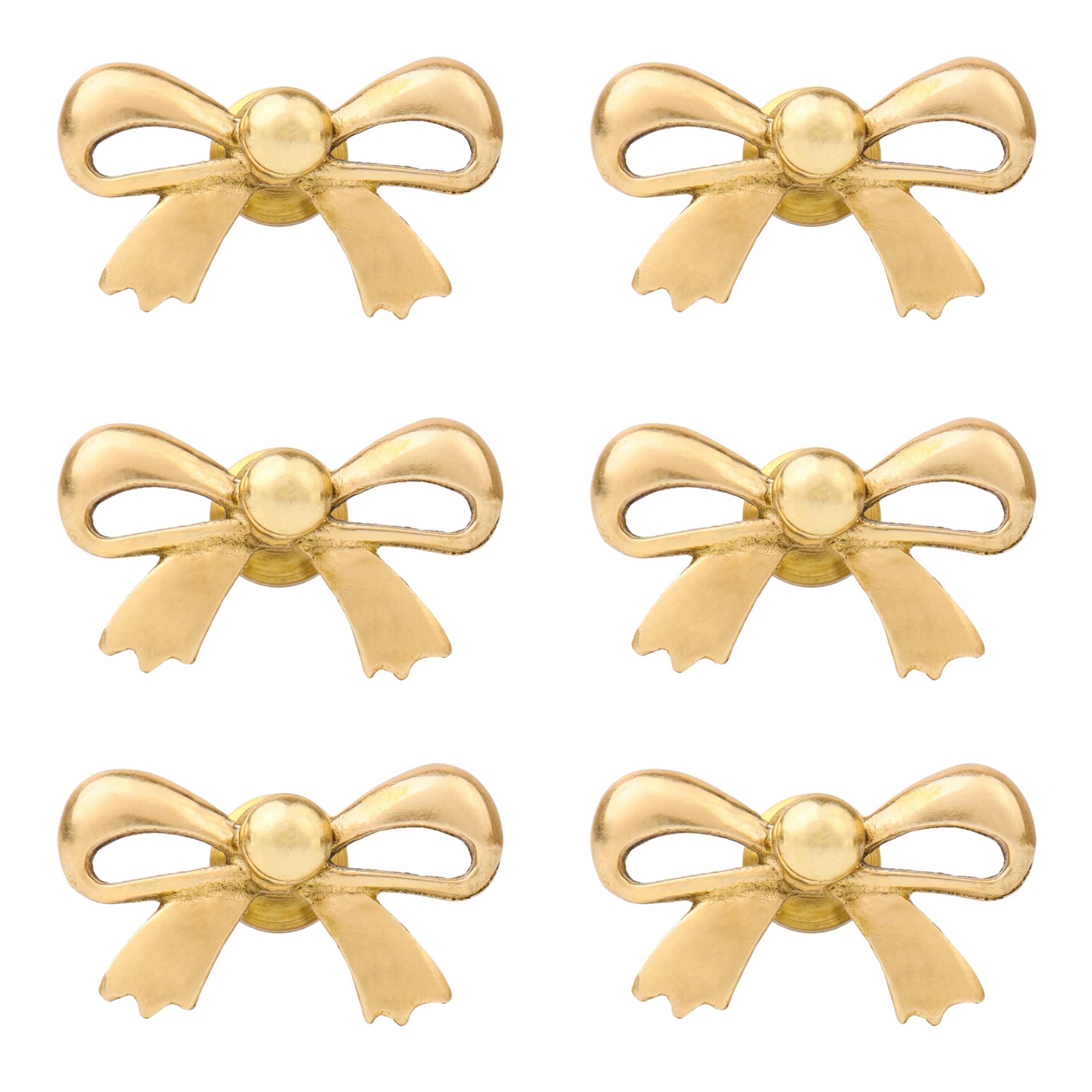 6 Pieces Premium Brass Gold Bow Drawer Knobs for Kitchen Cabinet Hardware Nursery Door Tie Kids Dresser Knobs -Vintage Drawer Pulls- Decorative Gold Brass Cabinet Pulls