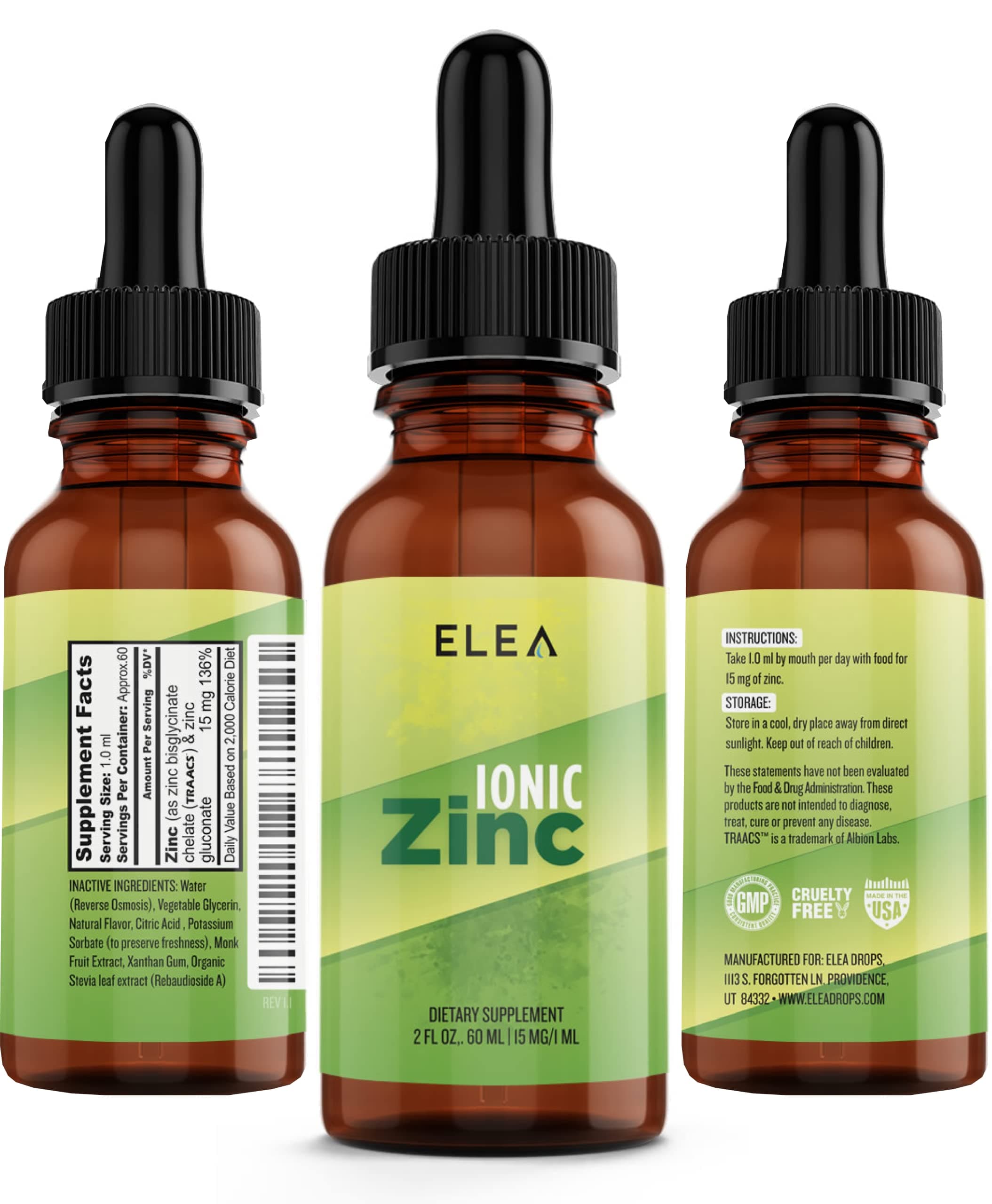 Ionic Liquid Zinc - Best Flavor - High Potency - 15 mg - Vegan - Best Quality Zinc on The Market - Max Absorption - USA Made - Glass Bottle - ELEA Drops