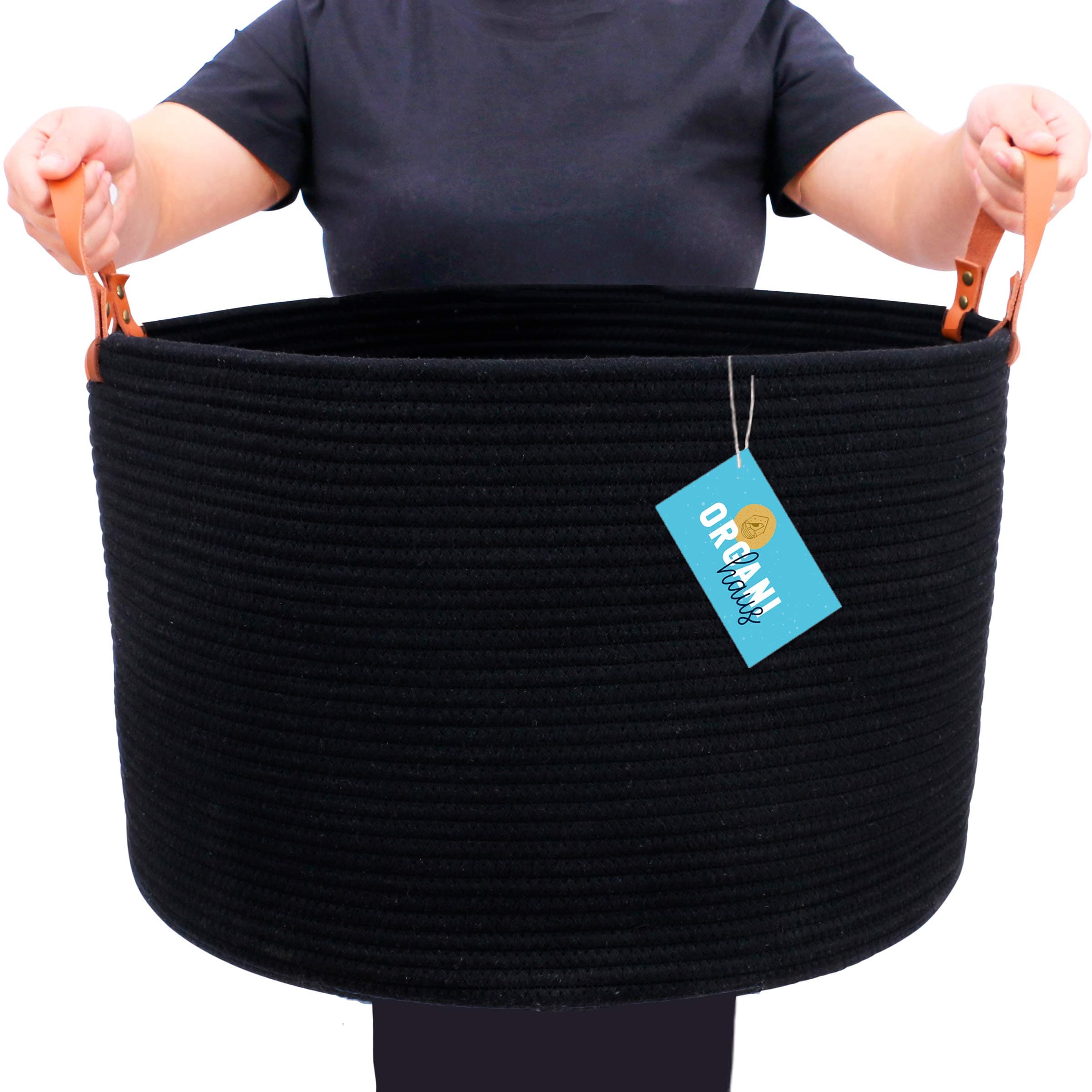 OrganiHaus Black Baskets for Organizing 20x13 | Large Blanket Basket for Living Room | Toy Storage Basket for Kids | Cotton Rope Basket w/Handles | Large Basket for Blankets | Large Storage Basket