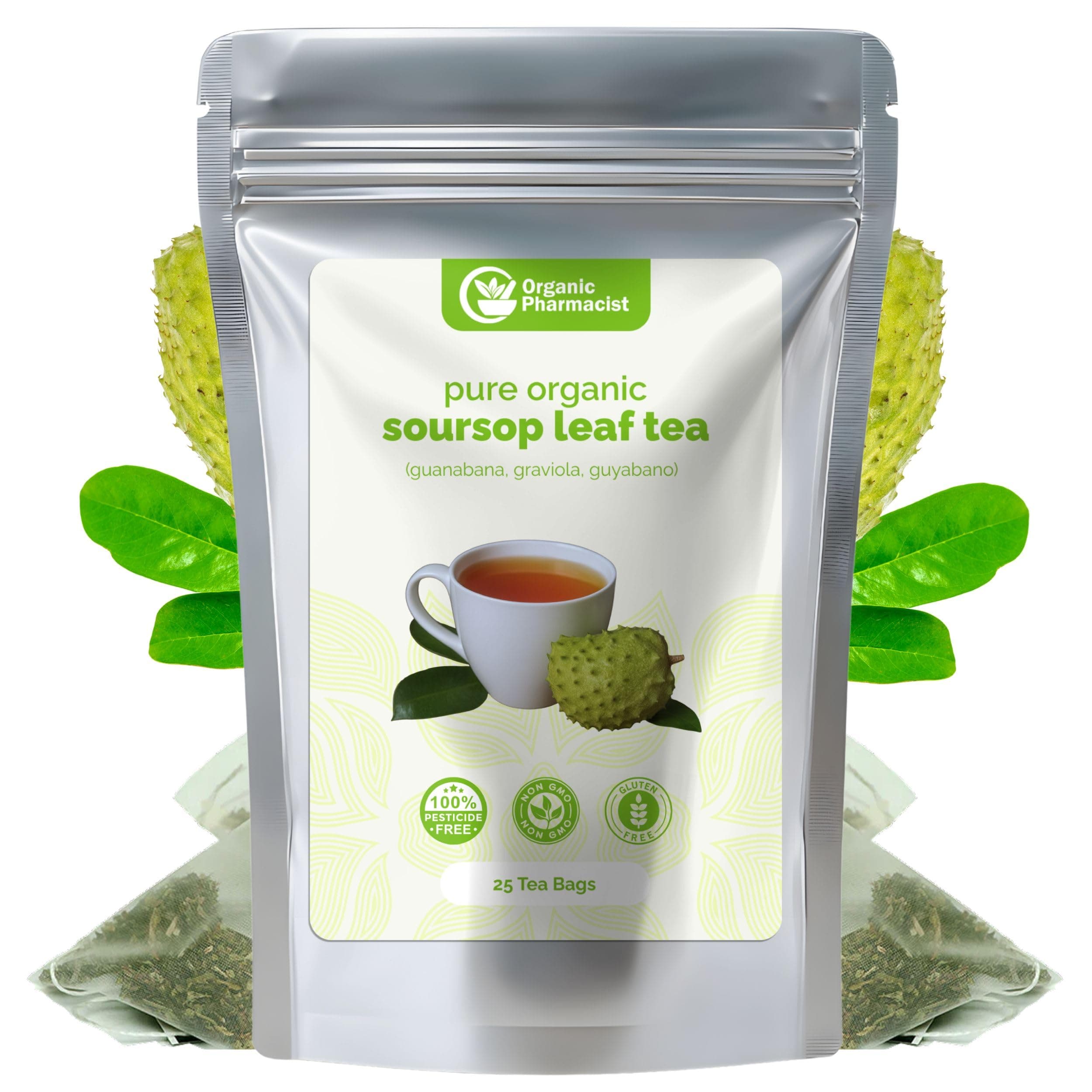 Organic Pharmacist Premium Soursop Tea Bags, Graviola Leaf Tea, Guanabana Teas, Guyabano Herbal Tea, Soursop Bitters Teas, Shredded Ground Leaves, 25 Count, New & Improved