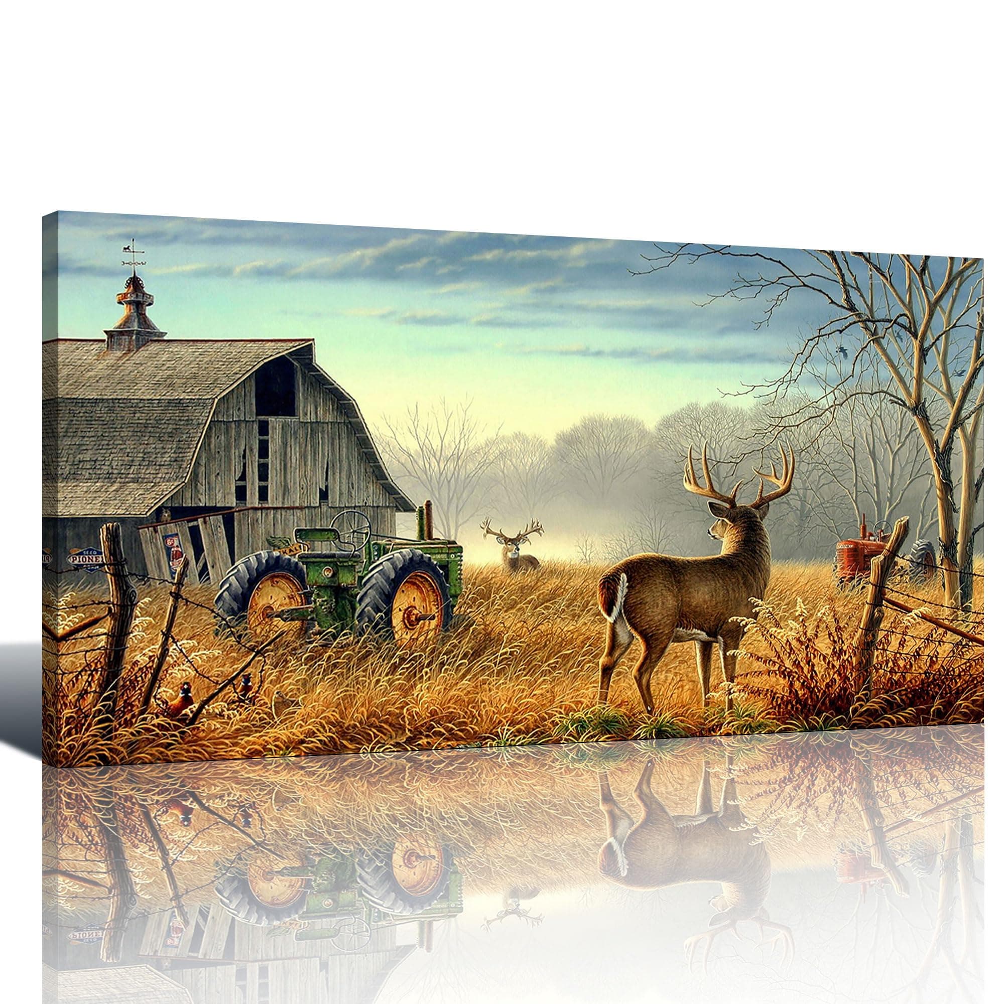 Wijotavic Deer Wall Art for Living Room Canvas Prints Decor Decoration Deer Tractor Farm Wildlife Hunting Picture Glass Surface Artwork Ready to Hang for Bedroom Home Office 20x40