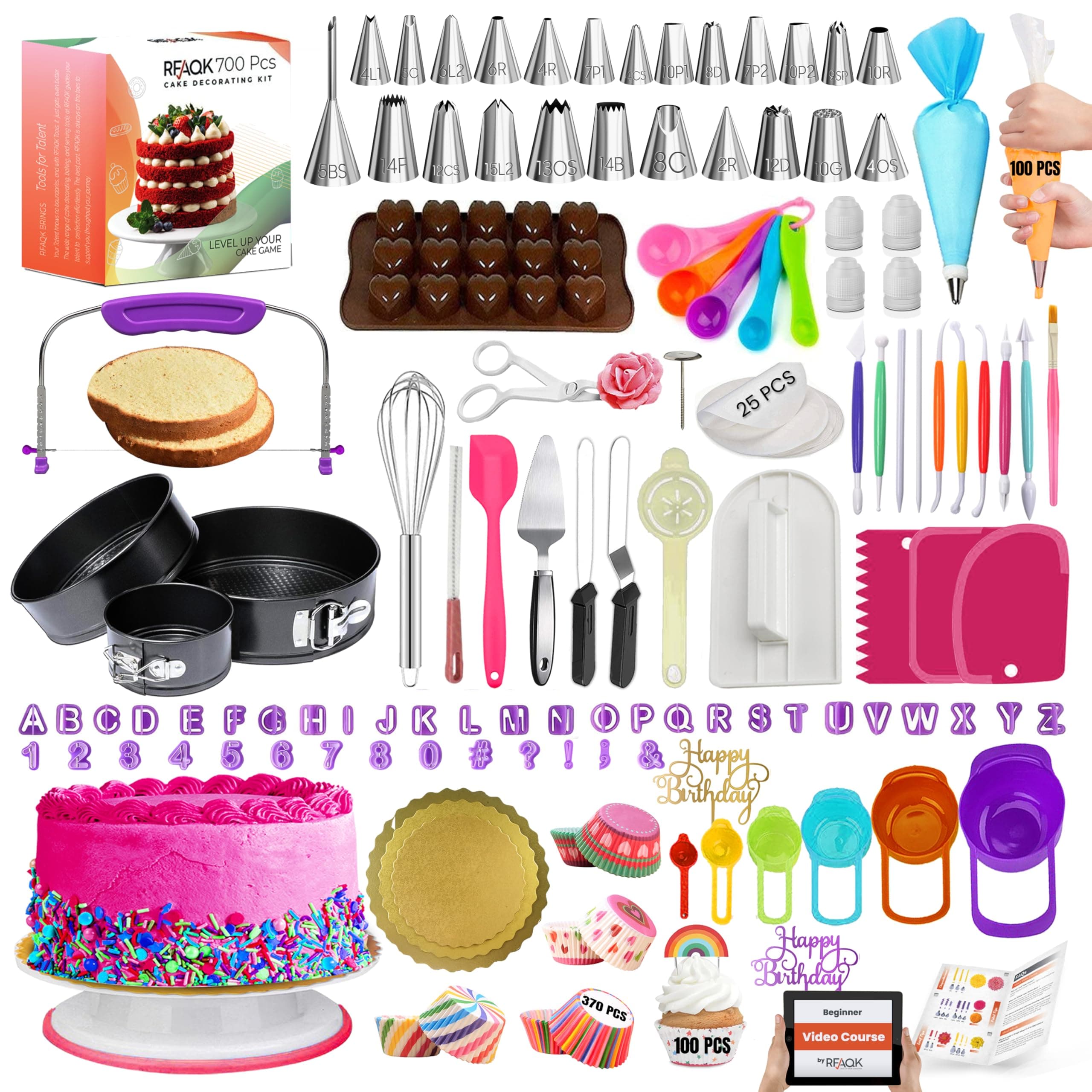 RFAQK Cake Decorating Supplies, 700PCs Cake Decorating Kit 3 Springform Cake Pans, Cake Turntable, Numbered Piping Icing Tips, Chocolate Mold,Leveler, Baking Supplies Cupcake Liner & more Baking Stuff