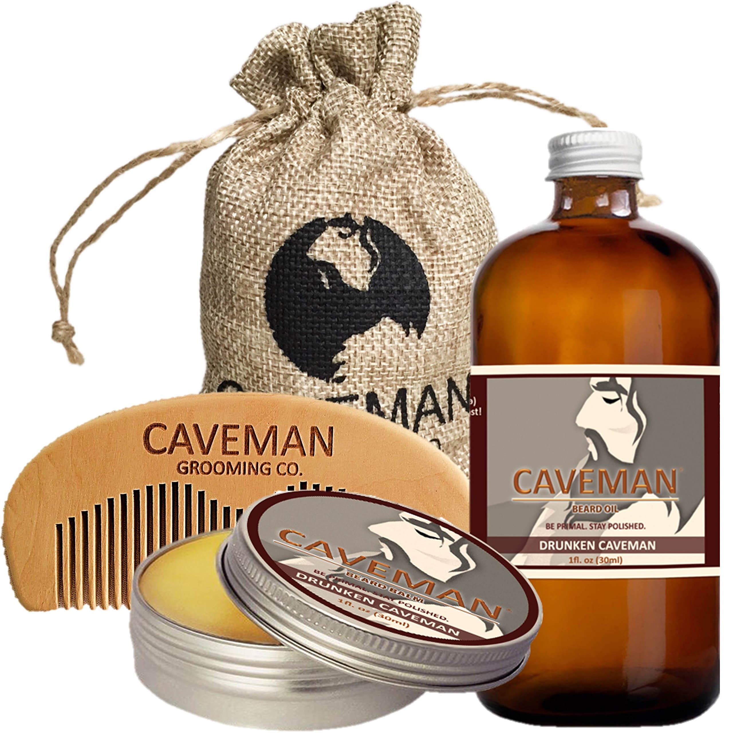 Caveman Beard Care Set for Men, Natural, Beard Oil, Beard Balm Butter Wax, Beard Comb, Conditioning Oil, Beard Growth Kit (Bay Rum 1oz)