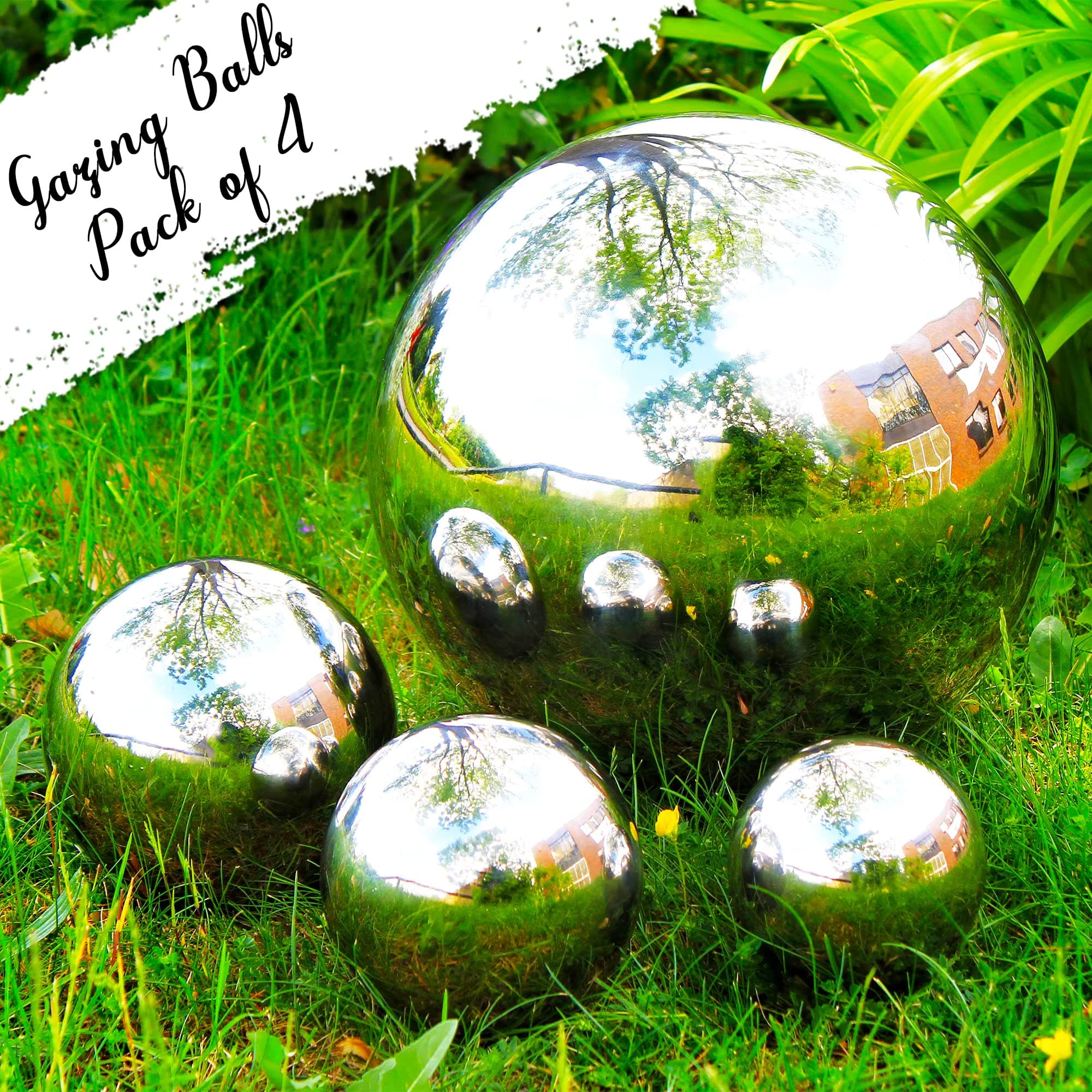 Homatz4 Pcs Stainless Steel Gazing Ball, 10-20 cm Polished Hollow Reflective Ball – Garden Sphere Floating Pond Mirror Ball for Garden Ornament Decorations