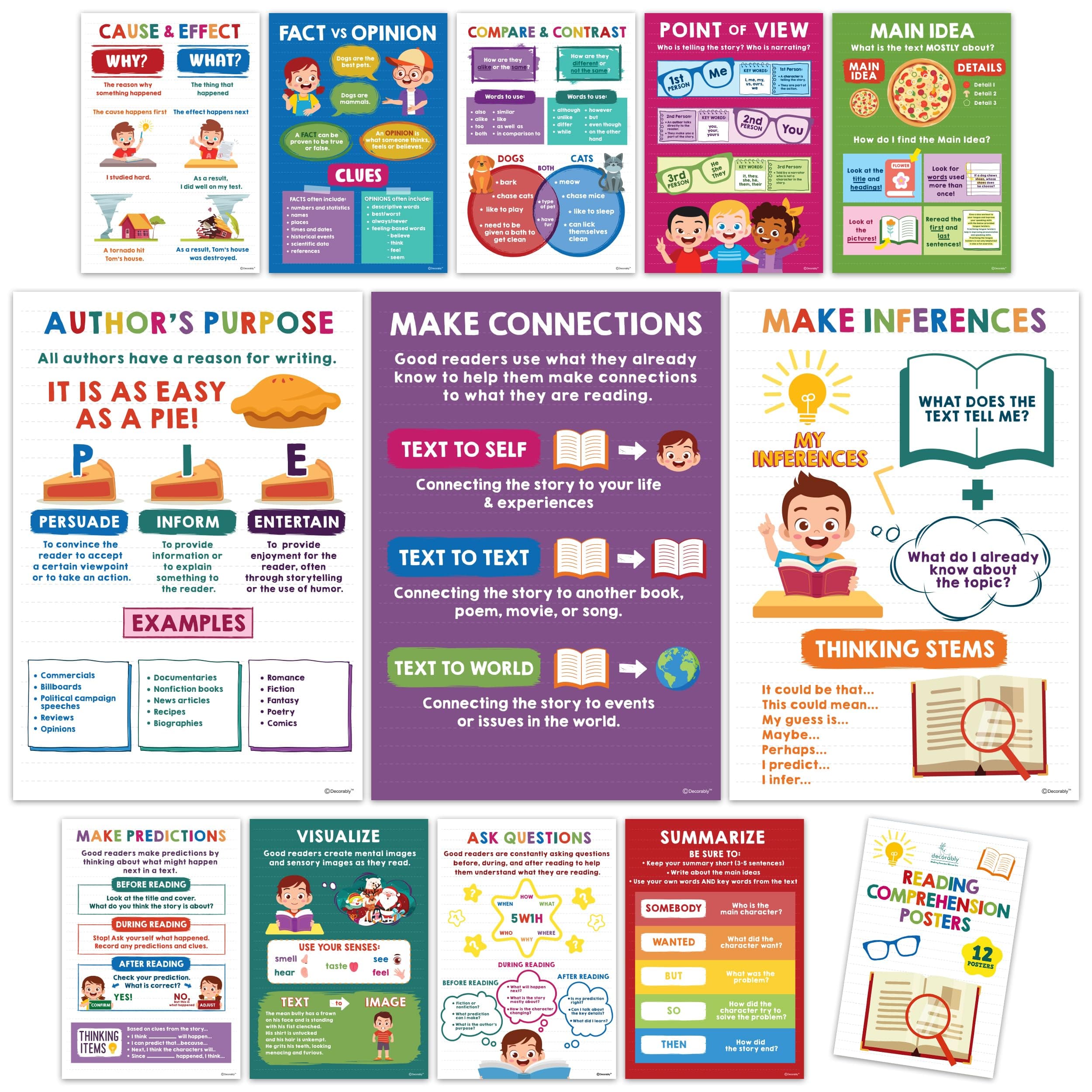 Decorably 12 Reading Comprehension Posters for Classroom, 11x16in Matte-Laminated Educational Reading Posters for Classroom - School Hallways, Bulletin Boards, Home Study Room