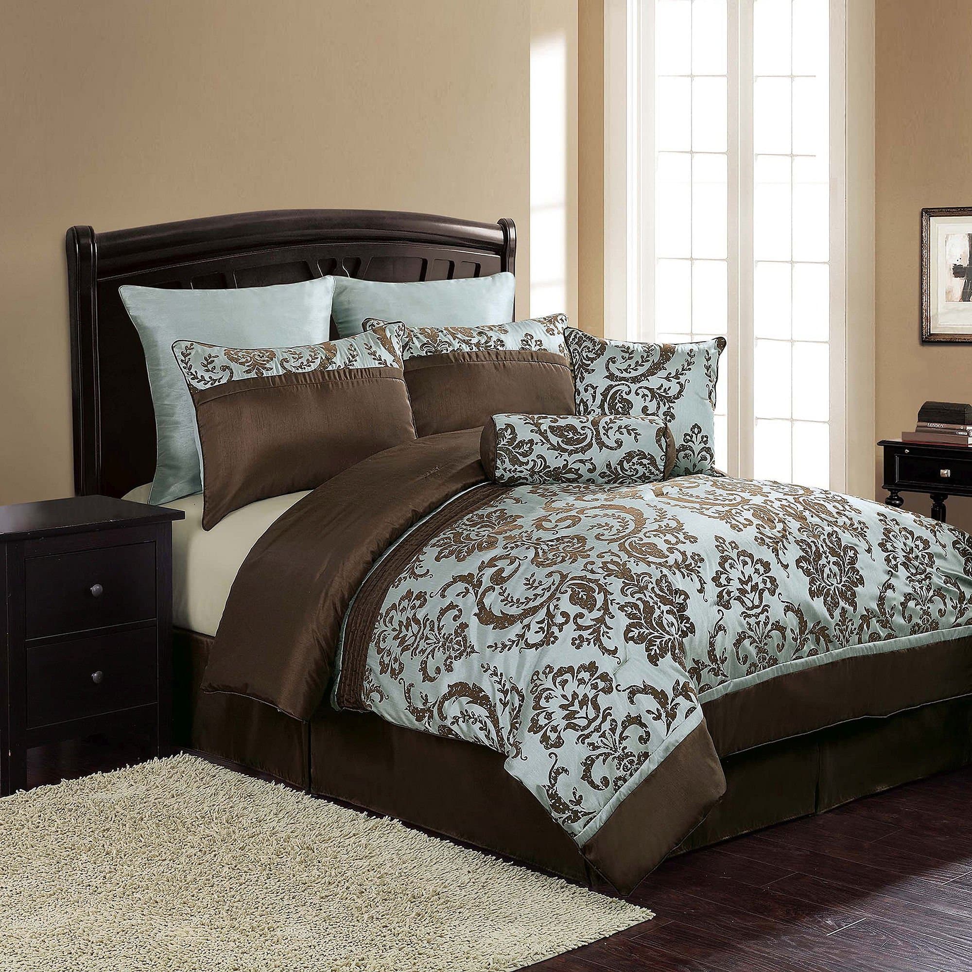 VCNY Daniella 8-Piece Flocked Comforter Set, Queen, Blue/Brown