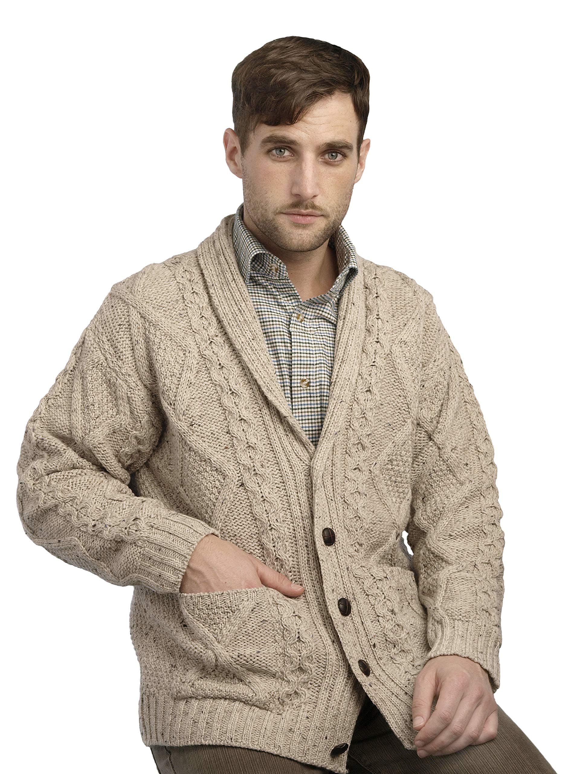 Men's Irish Cable Knitted Cardigan Sweater (100% Merino Wool)