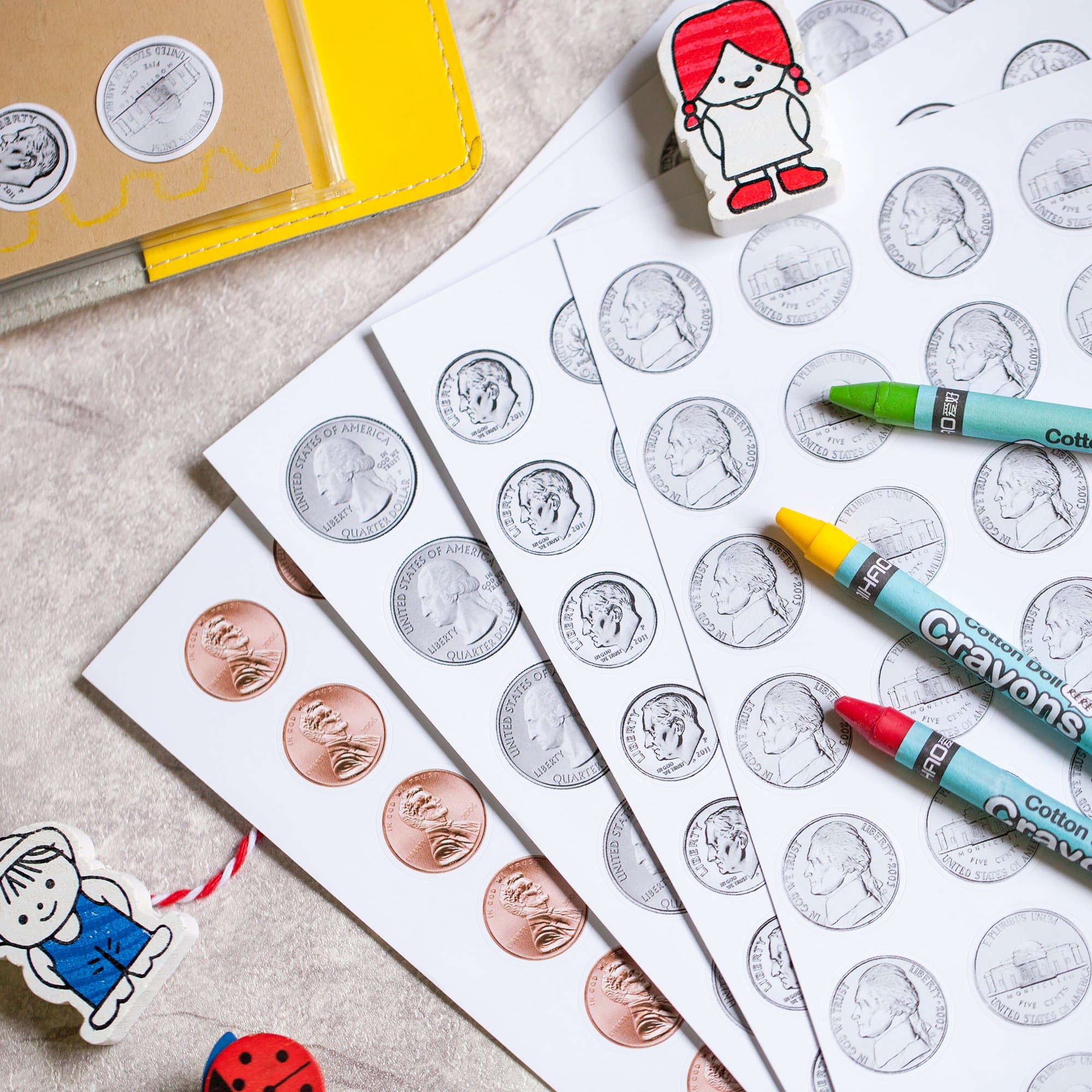 US Currency Coin Stickers in 16 Fully Filled Sticker Sheets. More Than 1,000 Money Stickers in All. Printed Both Sides. 4 Sheets Each of Quarters, Nickels, Dimes, and Pennies. Looks Like Real Money!