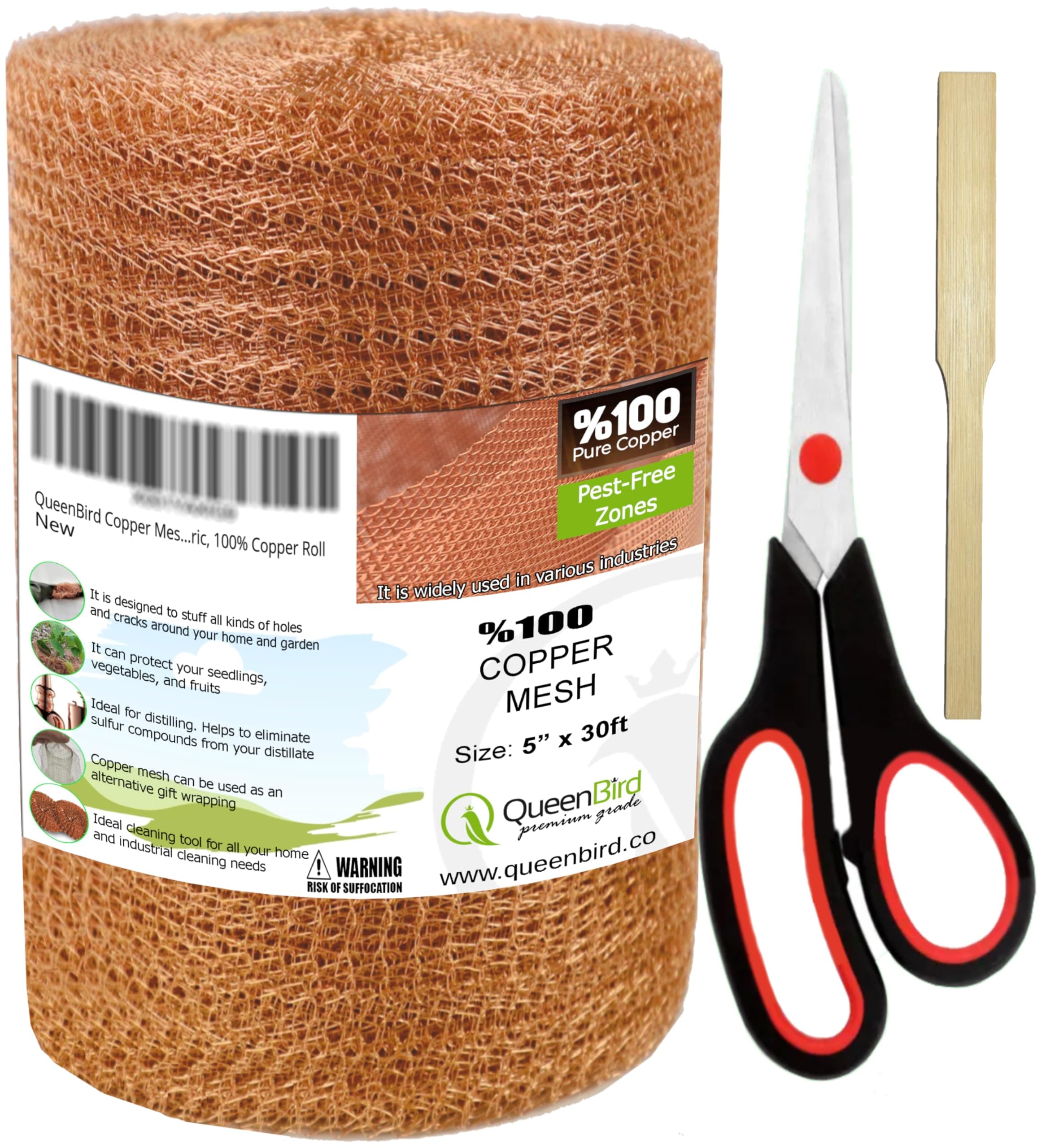 QueenBird Copper Mesh with Packing Tool - 5" X 30 Feet - Blocker for Hole - DIY Hole Filler, Copper Fill Fabric, Ideal for Distilling, Pure 100% Copper Roll