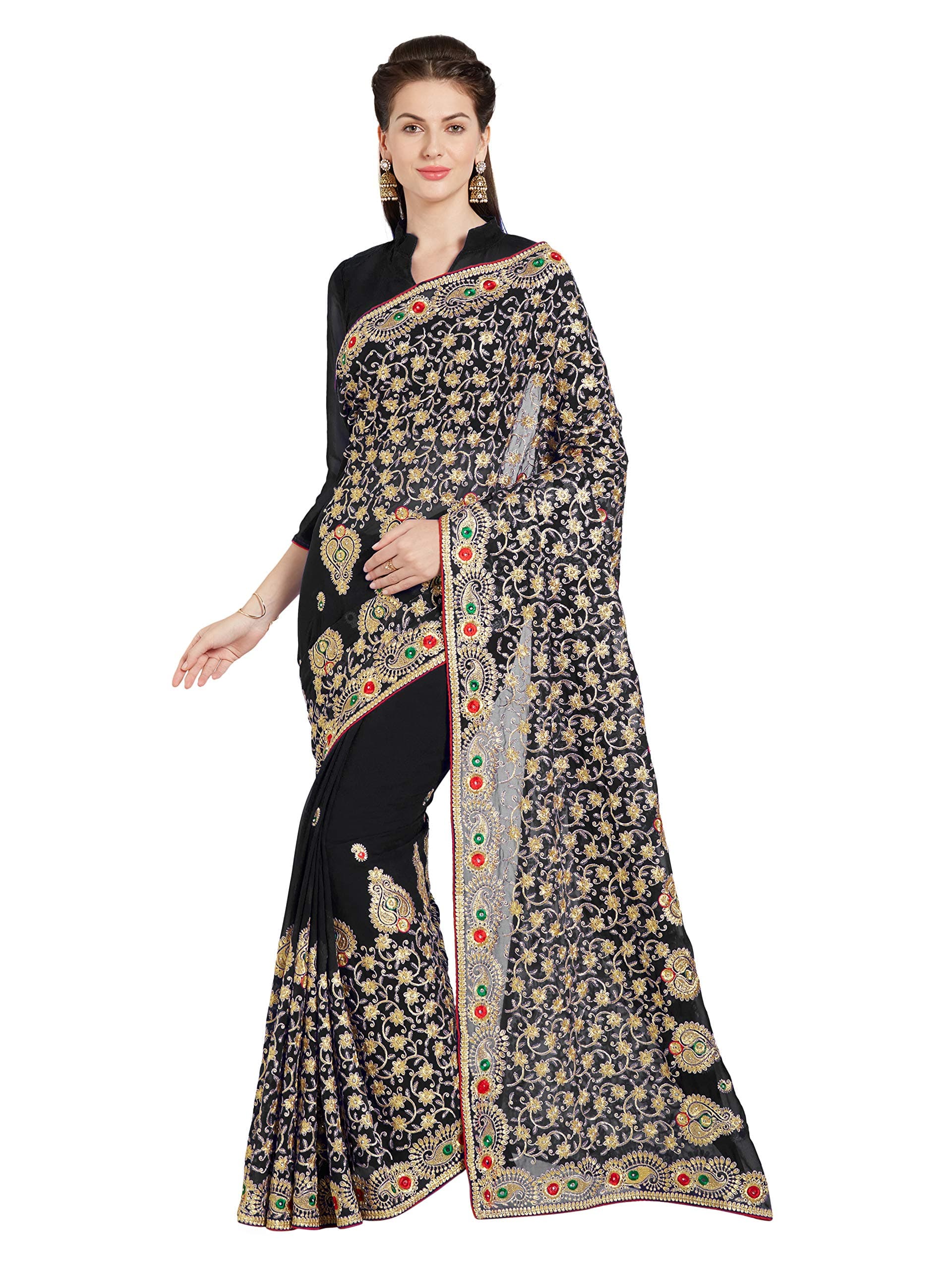 Women's Faux Georgette Bridal Wedding Saree Mirchi Fashion Embroidered Indian Sari (5240_Black), One Size