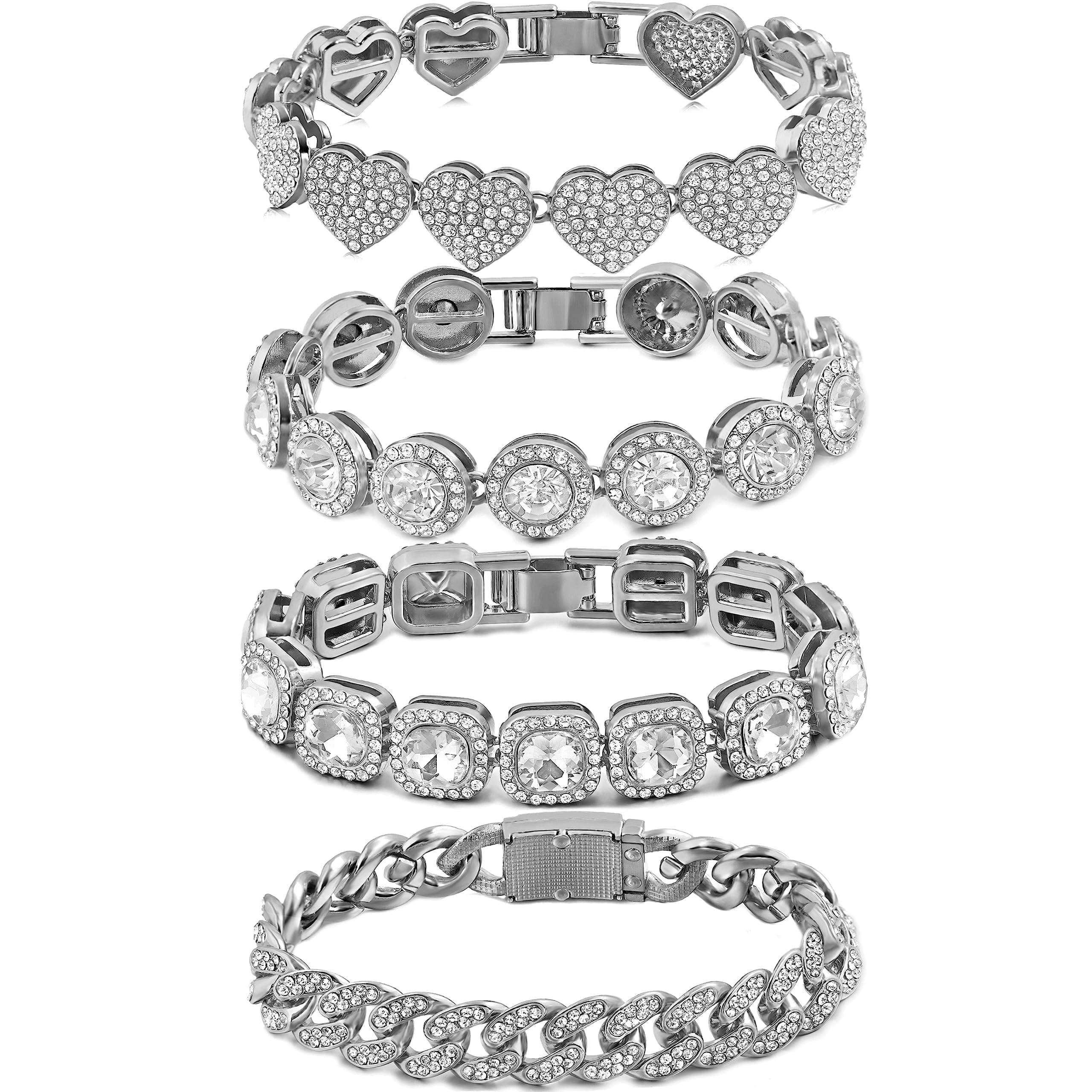 4PCS Gold Bracelets for Women Silver Clustered Tennis Bracelet for Women Heart Round Diamond Cuban Bracelet Layered Link Bracelet Set Fashion Jewelry for Women Set