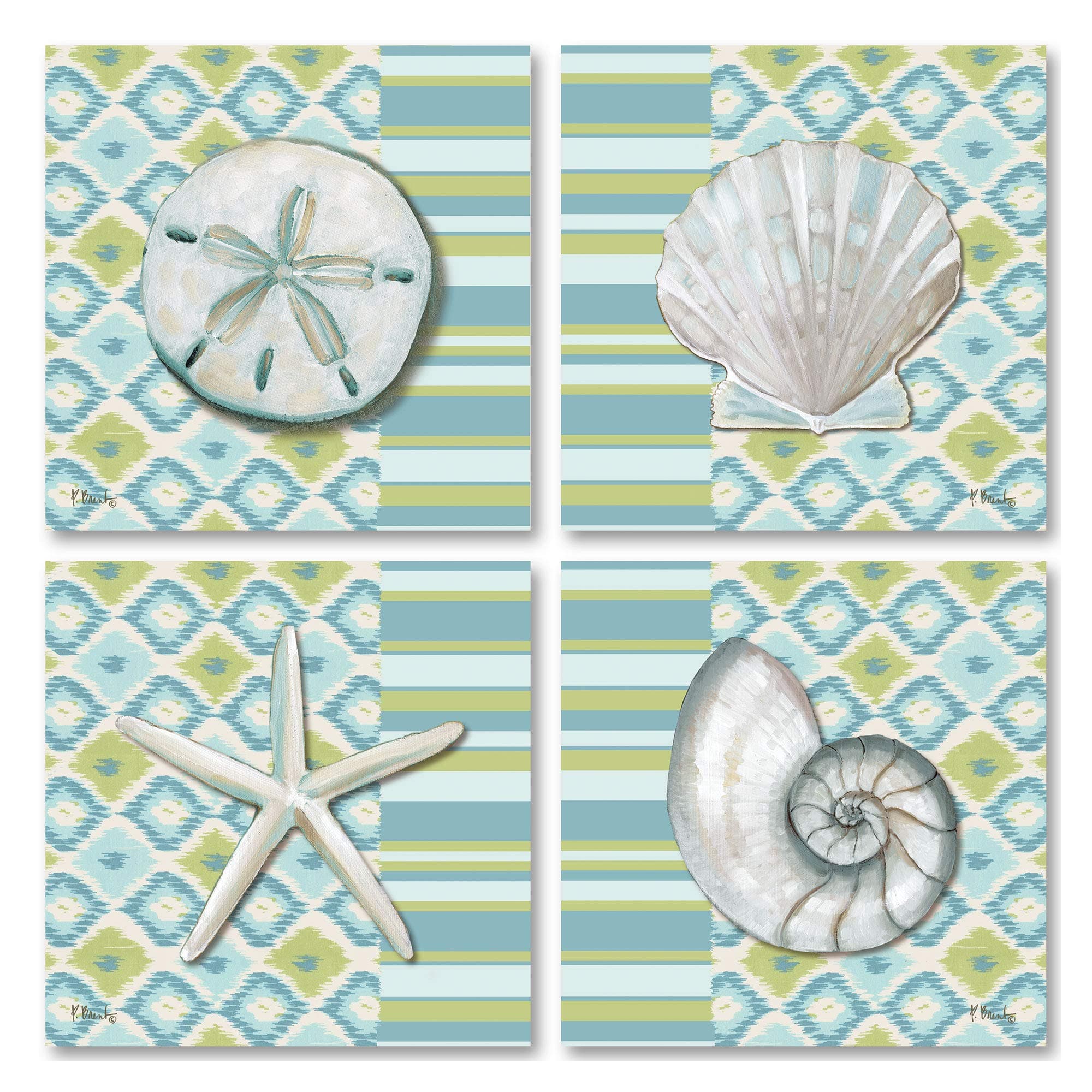 Gango Editions Colorful Watercolor Coastal Shells on an Ikat Background; Four 12x12in Prints