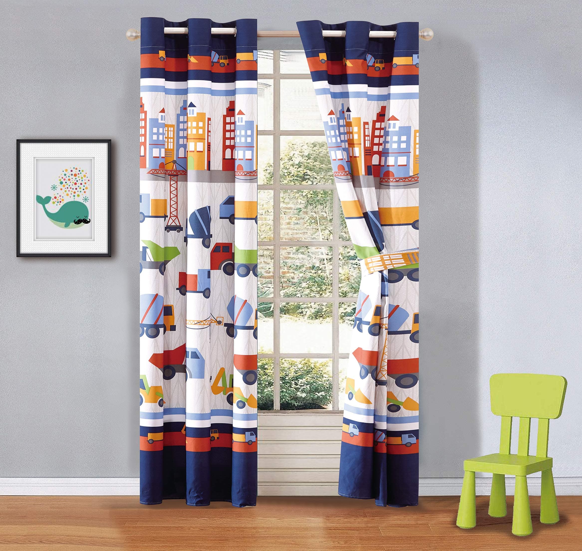 Elegant Home Construction Equipment Trucks Cement Mixers Backhoes Crane Design Boys / Kids Room Window Curtain Treatment Drapes 2 Piece Set with Grommets (Construction Blue)