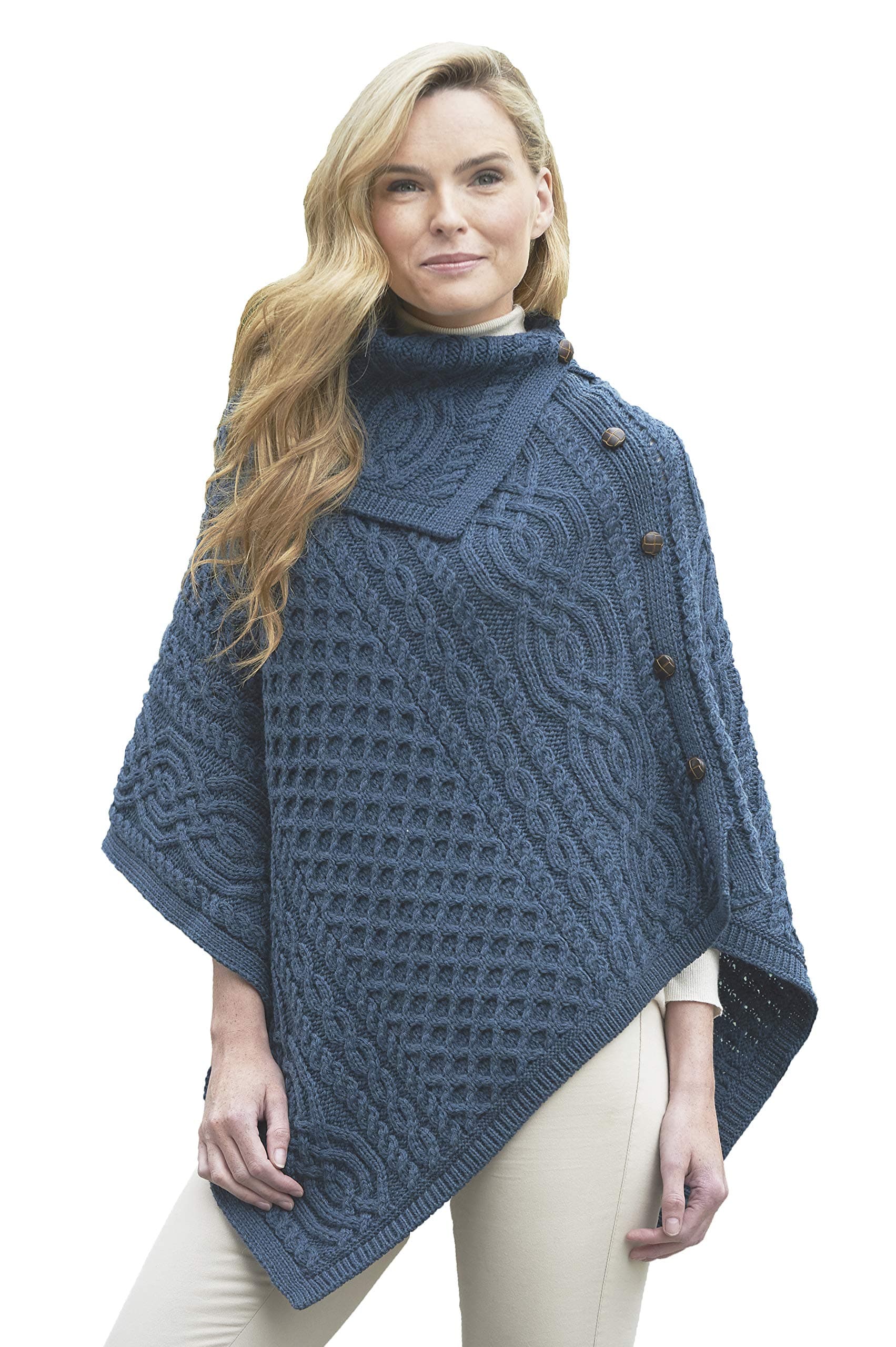 Aran CraftsWomen's Cable Knit Buttoned Cowl Neck Poncho (100% Merino Wool)