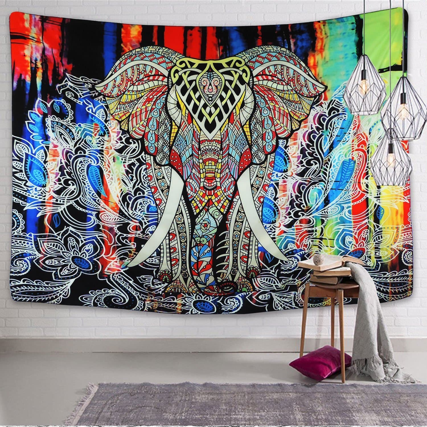 Tapestry Elephant Wall Tapestry Colorful Mandala Tapestry Indian Hippie Wall Hanging Tapestry Psychedelic Bohemian Dorm Decor Tapestry (M：51"×59", Blue)