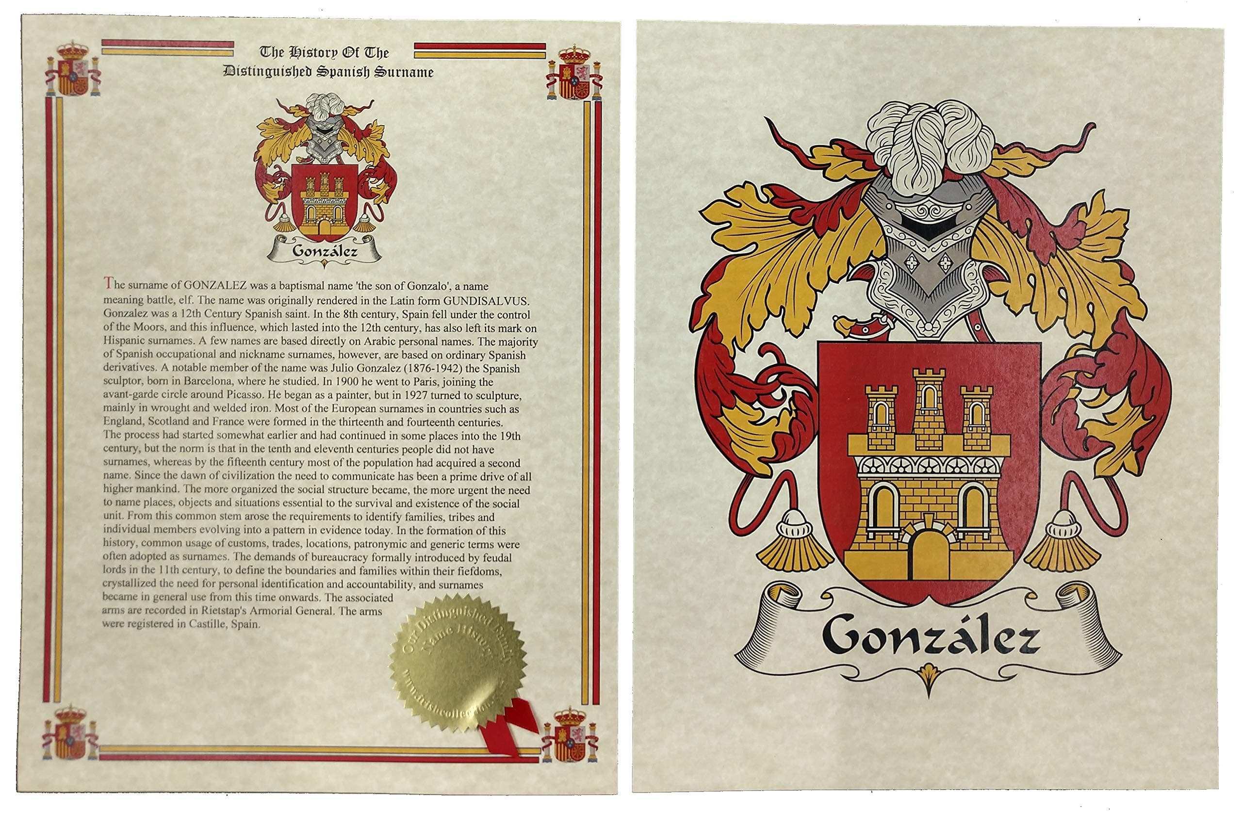 Gonzalez - Coat of Arms and Last Name History - 8.5x11 Print Combo Set