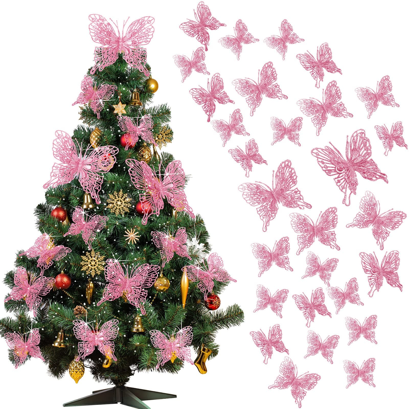 Charniol 36 Pcs 3 Size Christmas Tree Butterfly Decorations Glitter Hollow Butterfly Ornaments Hanging Decorations with Clips for Holiday Crafts Christmas Tree