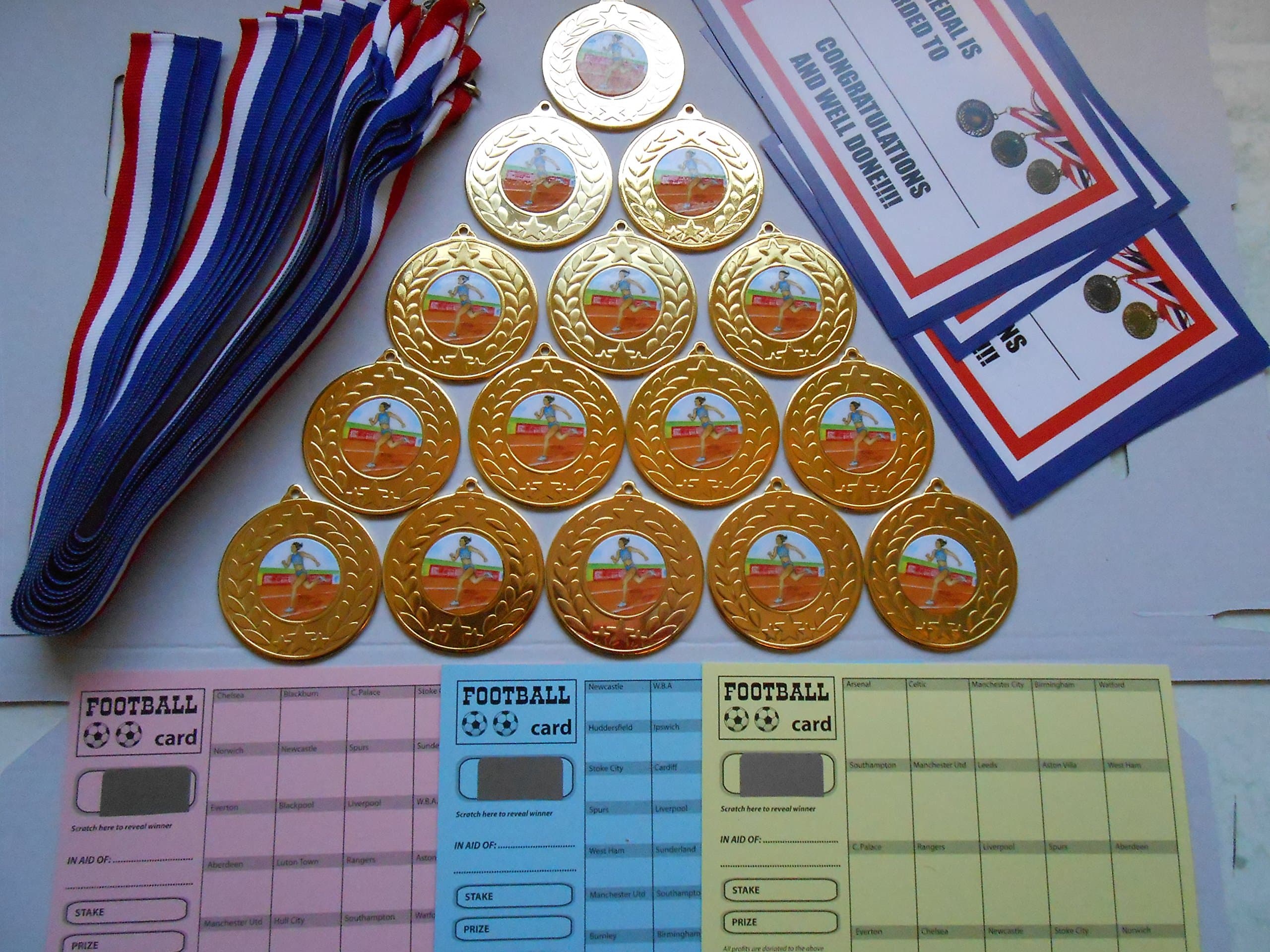 ATHLETICS FEMALE MEDALS (runner) - 50MM METAL/RIBBONS AND CERTIFICATES SET OF 15 CHOOSE FROM GOLD - SILVER OR BRONZE