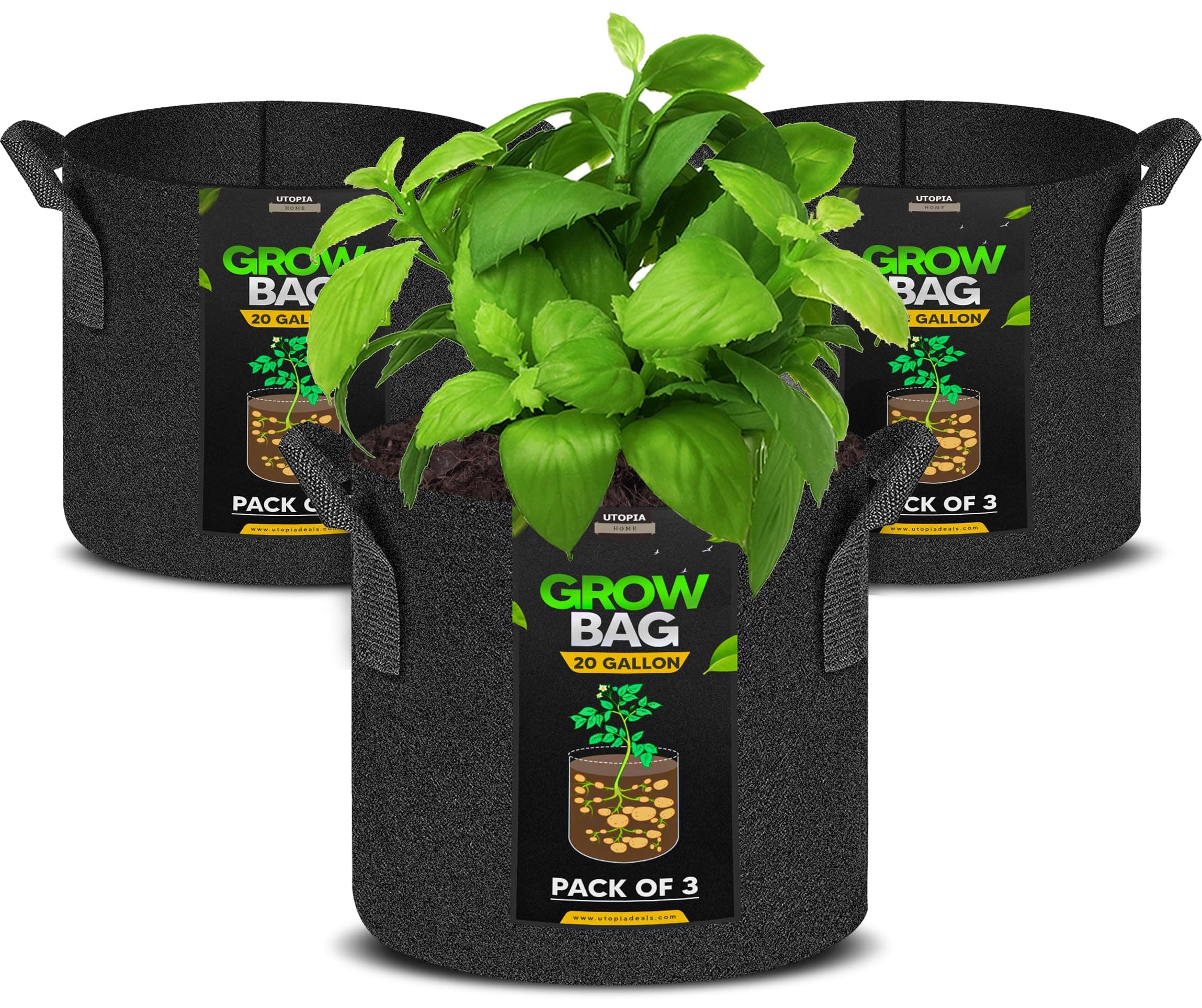 Utopia Home 3-Pack 20 Gallon Fabric Grow Bags,300G Thickened Nonwoven Fabric Planters Pots, Aeration Fabric Pots with Handles, Nonwoven Fabric Bags Suitable for Vegetables Flowers Mushroom.