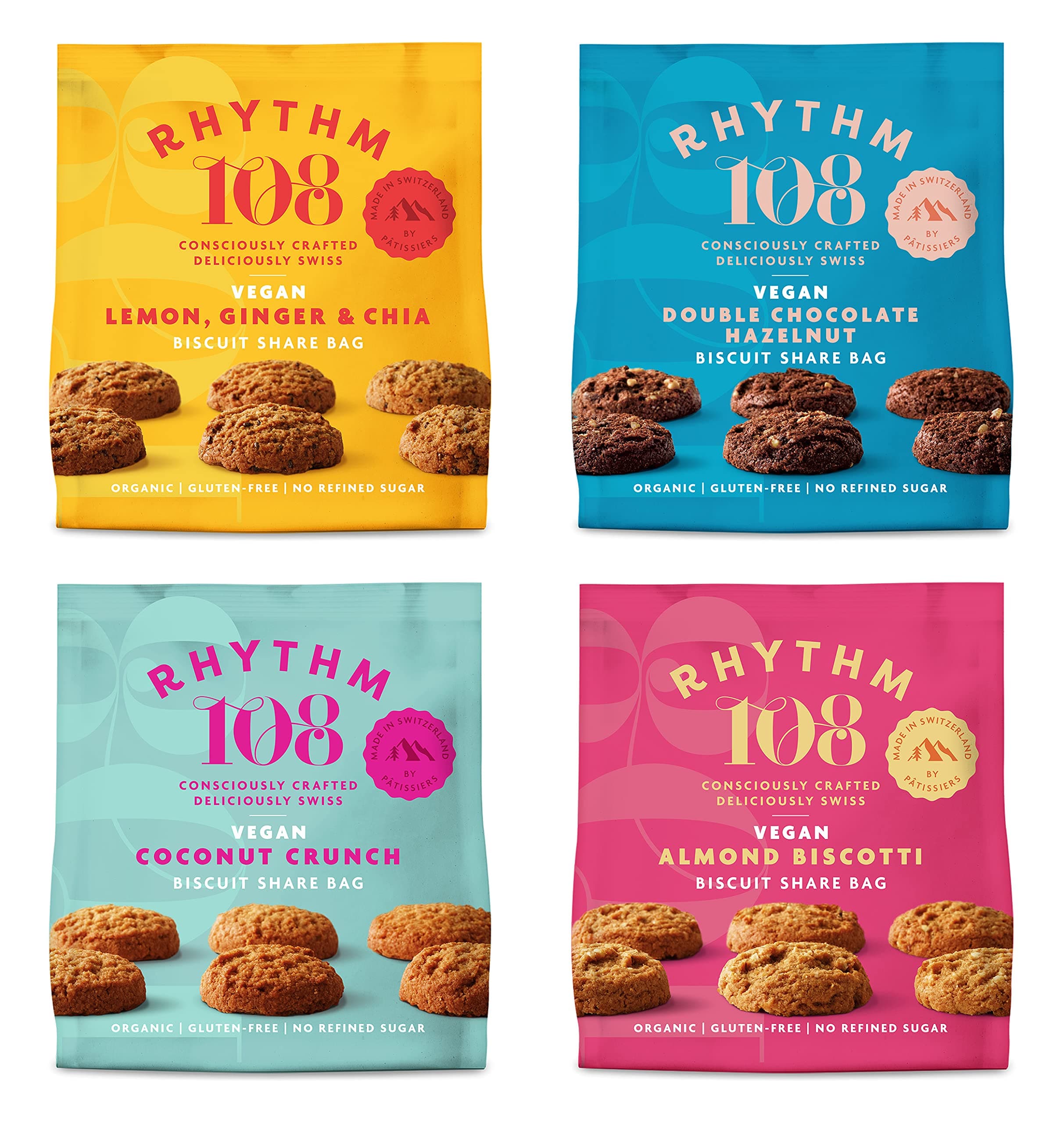 Rhythm 108 Organic Vegan Gluten & Dairy Free Tea Biscuits Share Bag Mixed Case of 4 x 135g