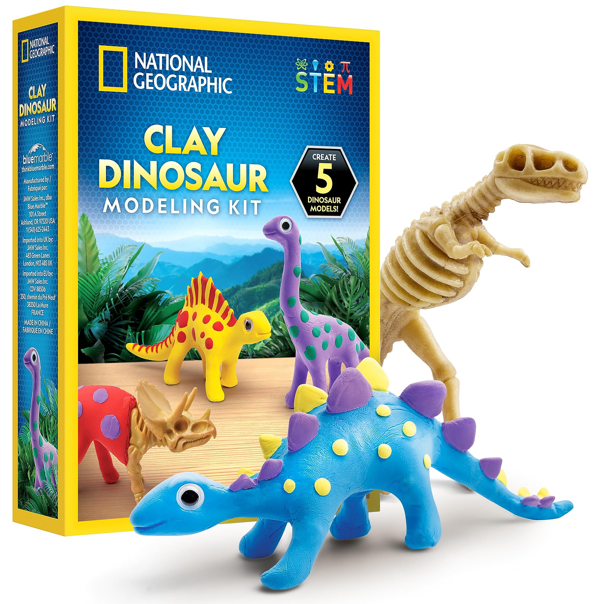 NATIONAL GEOGRAPHIC Clay Dinosaur Craft Kit – Dinosaur Arts & Crafts for Kids with 5 Colors of Air Dry Clay, 5 Dino Skeletons, Googly Eyes, Sculpting Tool, STEM Activity for Boys & Girls