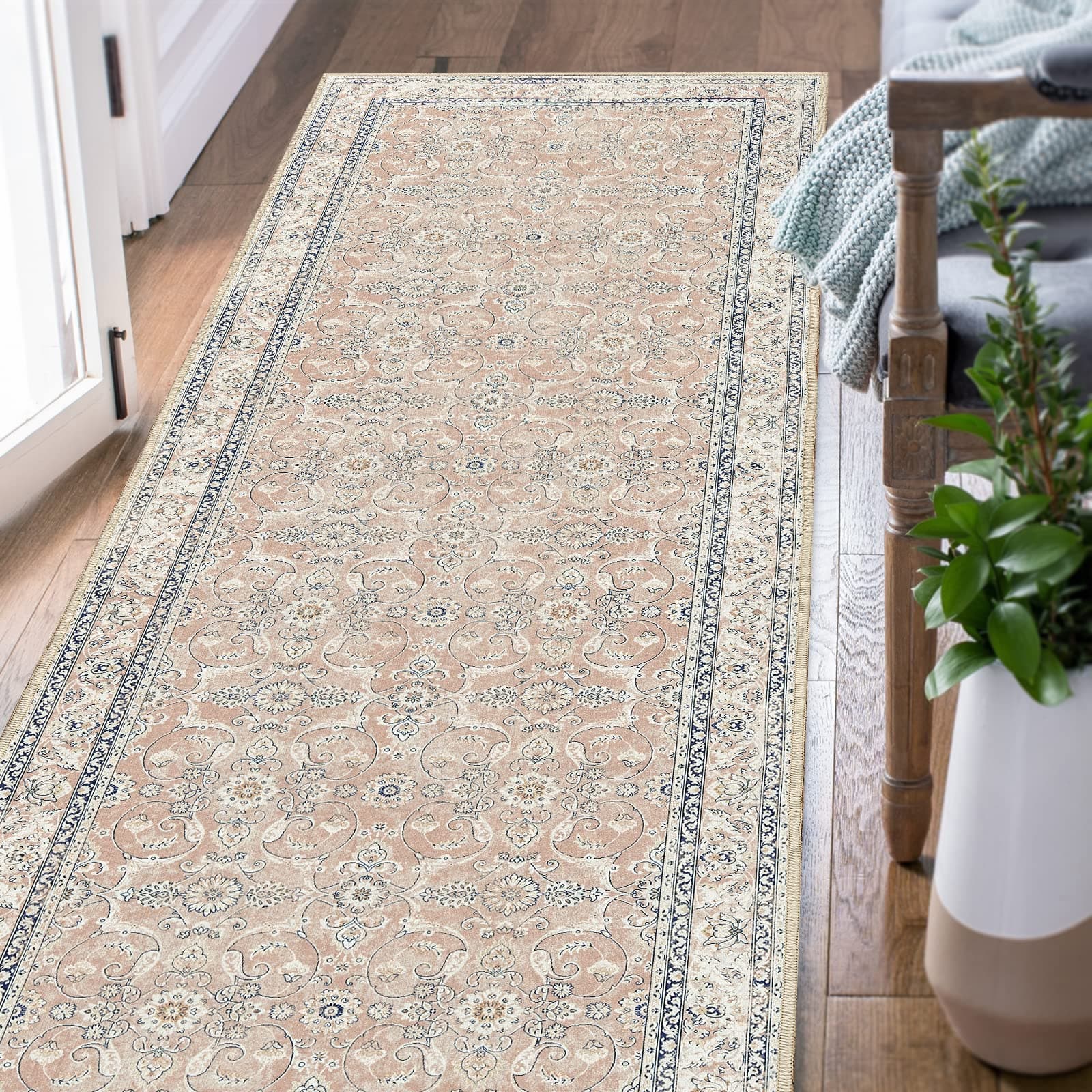 jinchan Area Rug 2x5 Runner Rug Hallway Persian Rug Vintage Distressed Rug Kitchen Pink Indoor Foldable Thin Rug Traditional Floral Print Mat Non Slip Carpet Bathroom Bedroom Living Room