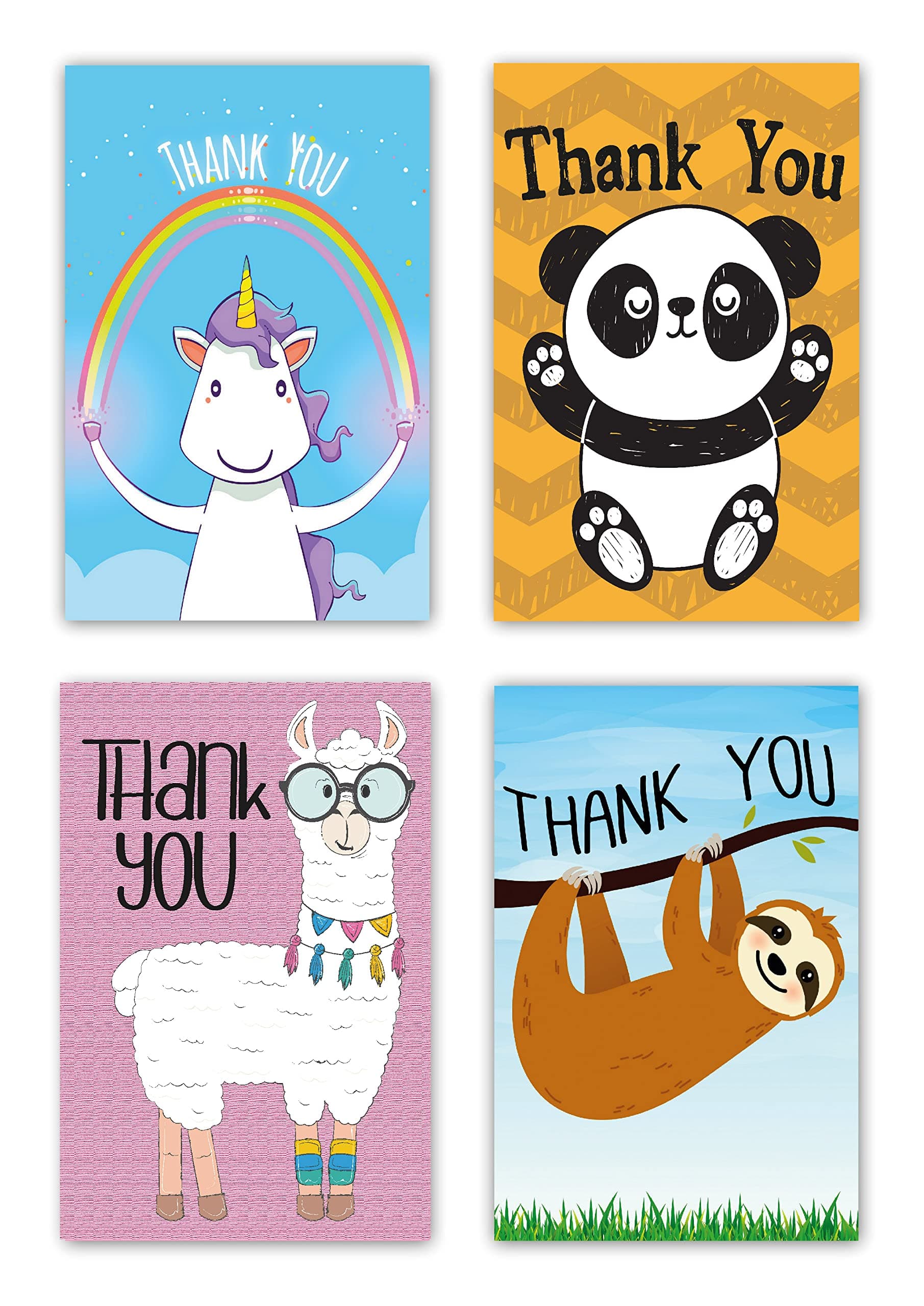 Greetingles Pack of 24 Fun Novelty Design Thank-You Cards and Envelopes Llama, Sloth, Panda and Unicorn