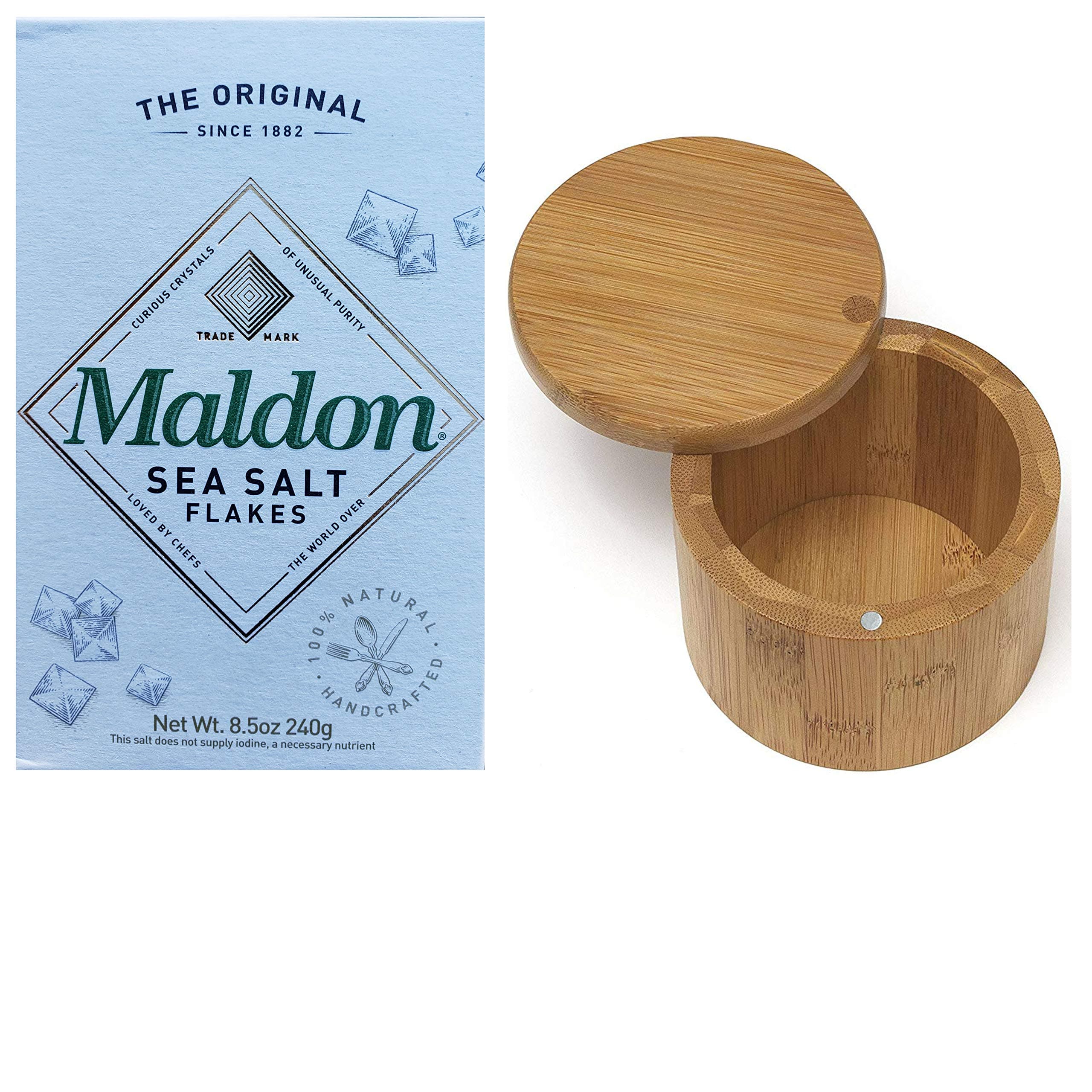 Maldon Gourmet Sea Salt Flakes, One 8.5oz Box. Also Includes One, RJF Brands 3 by 3.5 Inch Bamboo Salt Box with Swivel Lid.