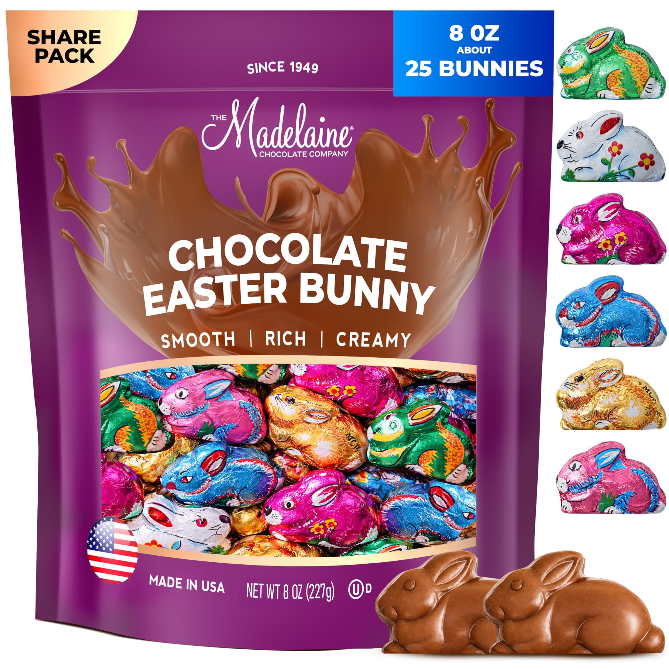 Madelaine Easter Bunny Bite-sized Premium Milk Chocolate Bunnies Individually Wrapped In Colorful Foils Easter Candy Basket Essentials (1/2 LB)