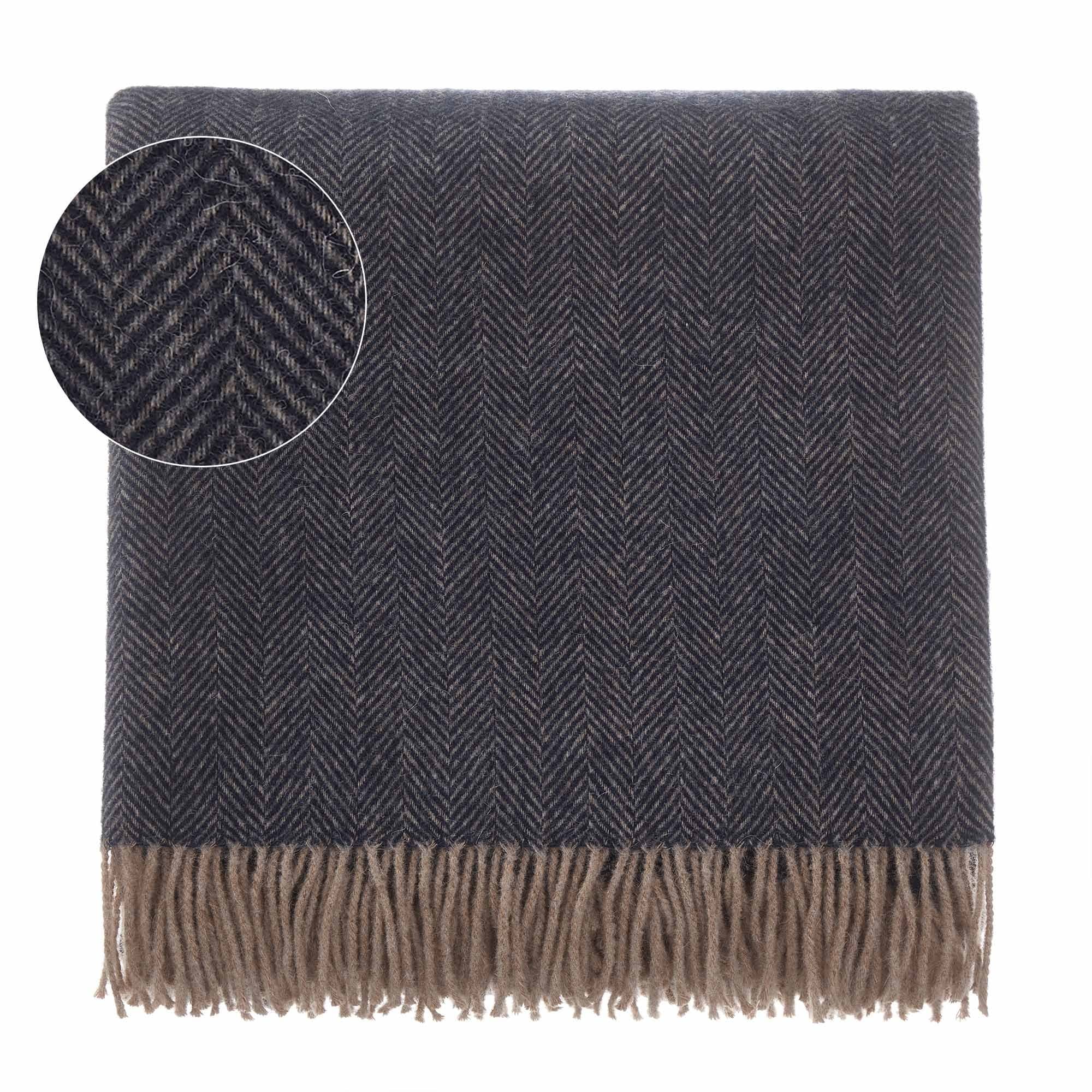 URBANARA 50% Alpaca Wool 50% Merino Wool Throw Corcovado 51x67 Dark Blue/Light Brown with Fringe — Blanket with Decorative Herringbone Weave Design — Perfect for Your Couch, Sofa, Bed, Chair