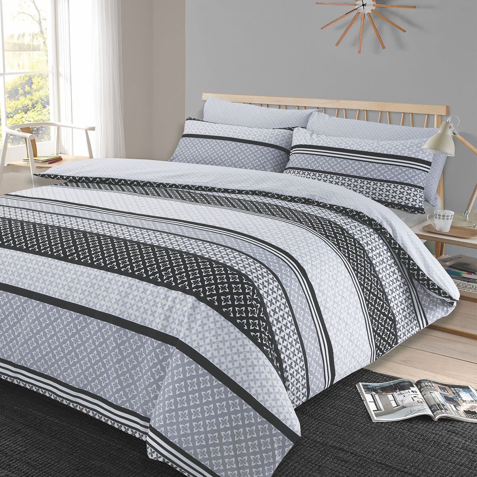Dreamscene Duvet Cover with Pillowcase Reversible Geometric Bedding Set Lola Black Grey - Single