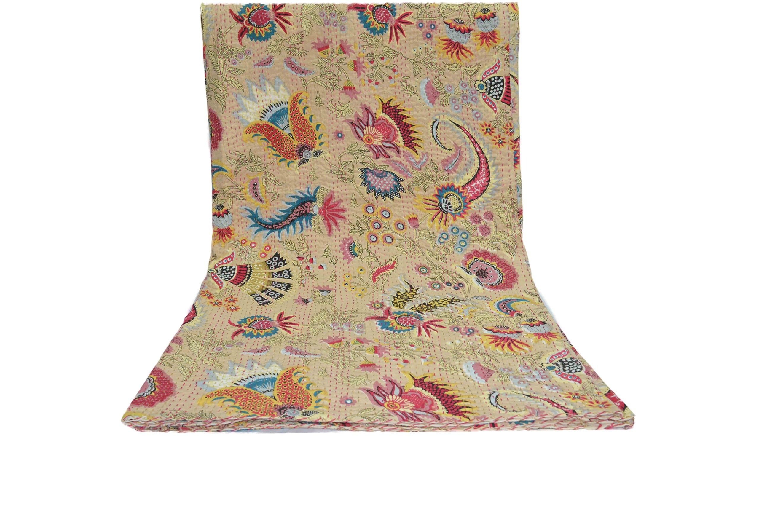 Sophia-Art Beige Multicolor Mukut Print King Size Kantha Quilt, Kantha Blanket, Bed Cover, King Kantha Bedspread, Bohemian Bedding Size 90x108 Inch