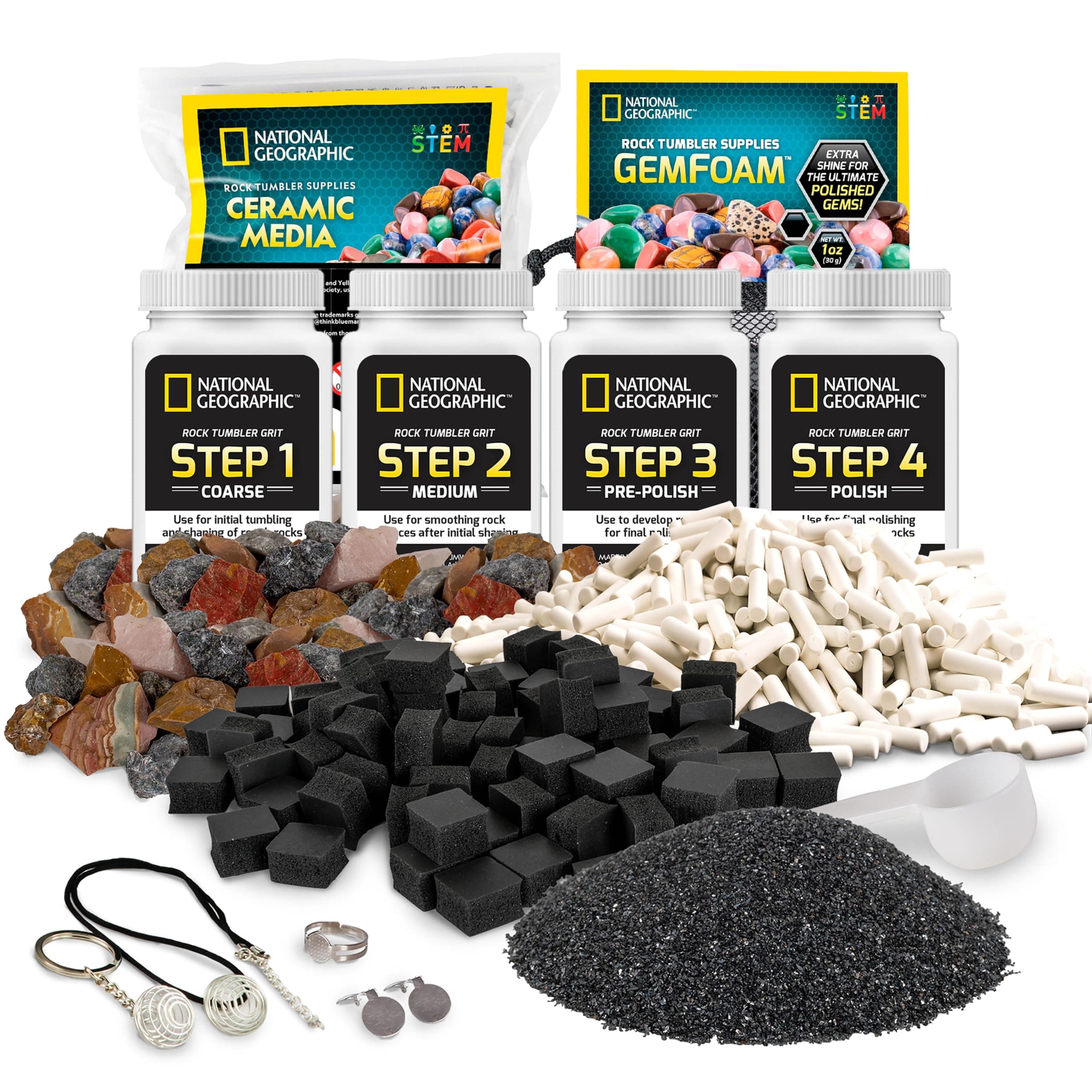 NATIONAL GEOGRAPHIC Rock Tumbler Media ââ‚¬â€œ Rock Polisher Tumbler Kit, 4 Stage Rock Tumbler Grit and Polish, Ceramic Pellets, GemFoam Polishing Foam, 3 lbs Madagascar Rocks, Great for All Rock Tumblers