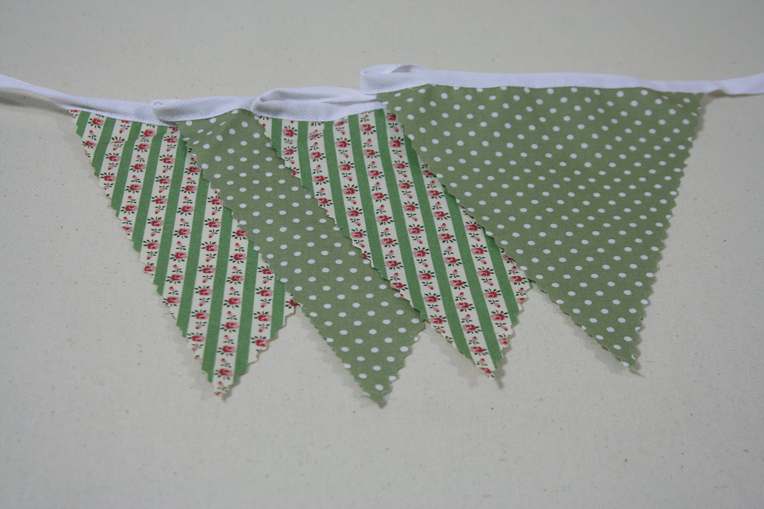 Vintage Green Stripe with Sage Green Mini Spot Cotton Bunting 20ft/6m long