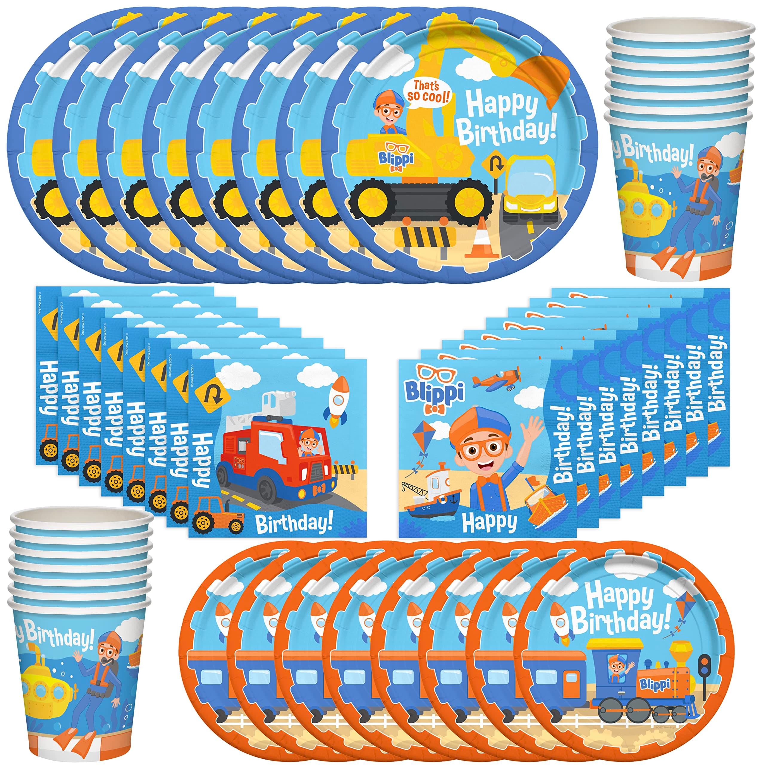 Officially Licensed Blippi Birthday Party Supplies - Serves 16 Guests - Blippi Vehicle Dinnerware Classic Set - Blippi Party Supplies - Blippi Plates, Blippi Cups & Blippi Napkins