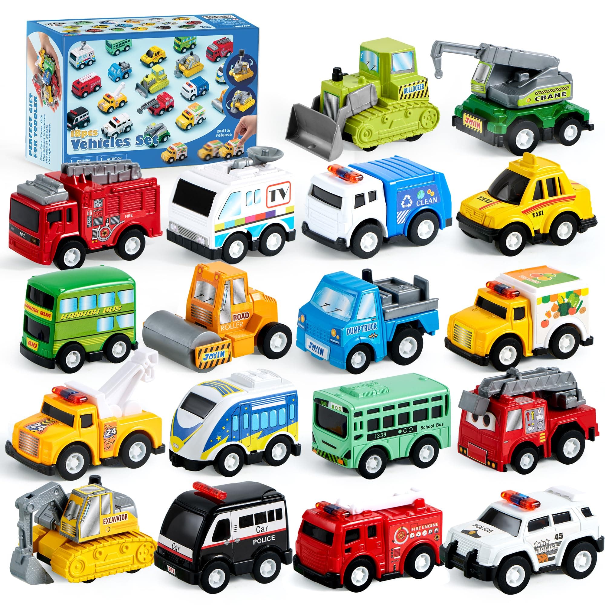 JOYIN 18 Pcs Pull Back City Cars and Trucks Toy Vehicles Set, Friction Powered Cars Toys for Toddlers, Easter Basket Stuffers, Party Favors for Kids 3-5, Gifts for Boys and Girls, Easter Egg Fillers