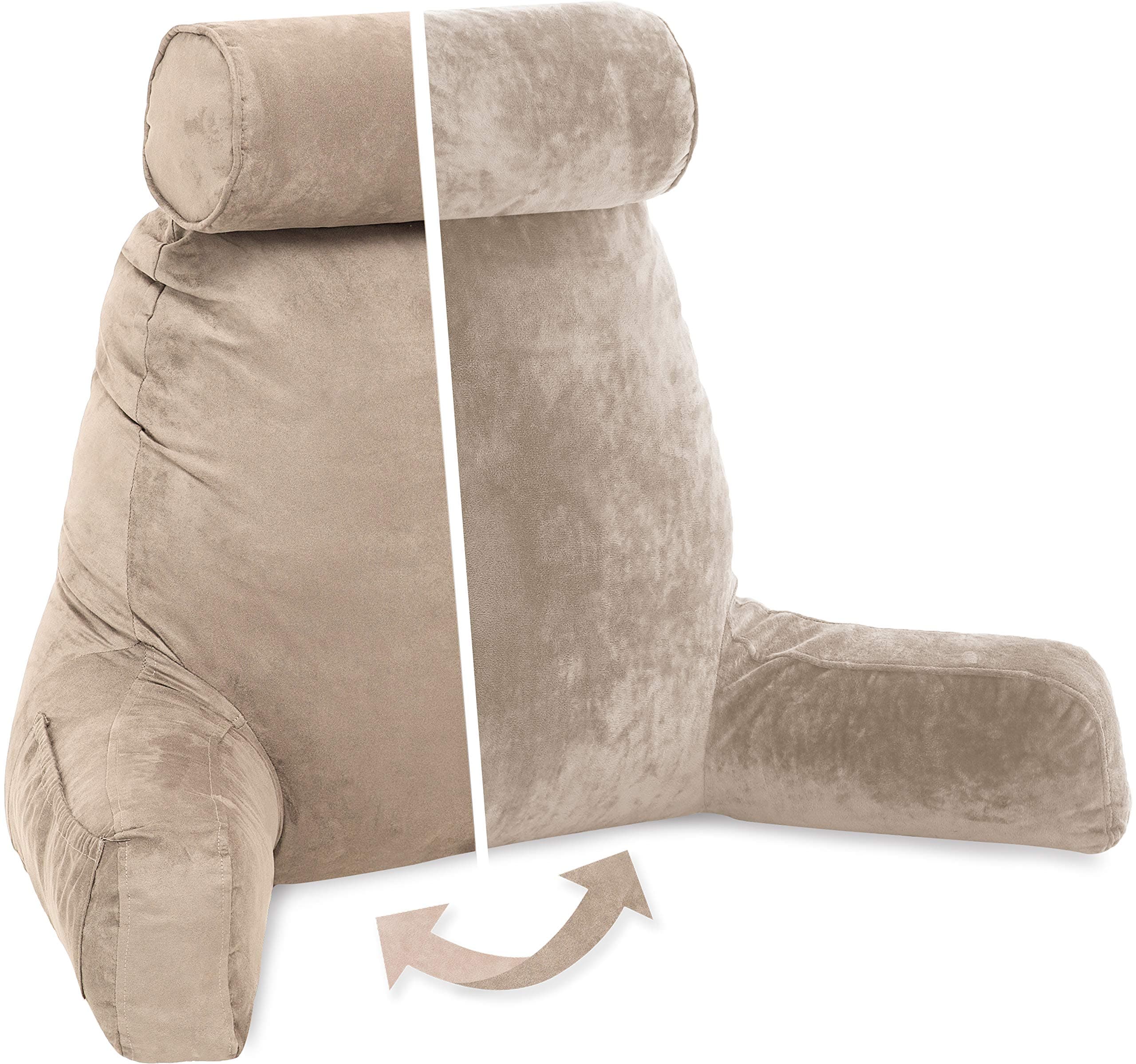 Husband PillowAspen Edition - Reading and Bed Rest Pillow with Arms - Neck Roll on Bungee Cord or Removable - Premium Memory Foam - Reversible Two-Sided Cover Microsuede or Microfiber, Cowboy Taupe