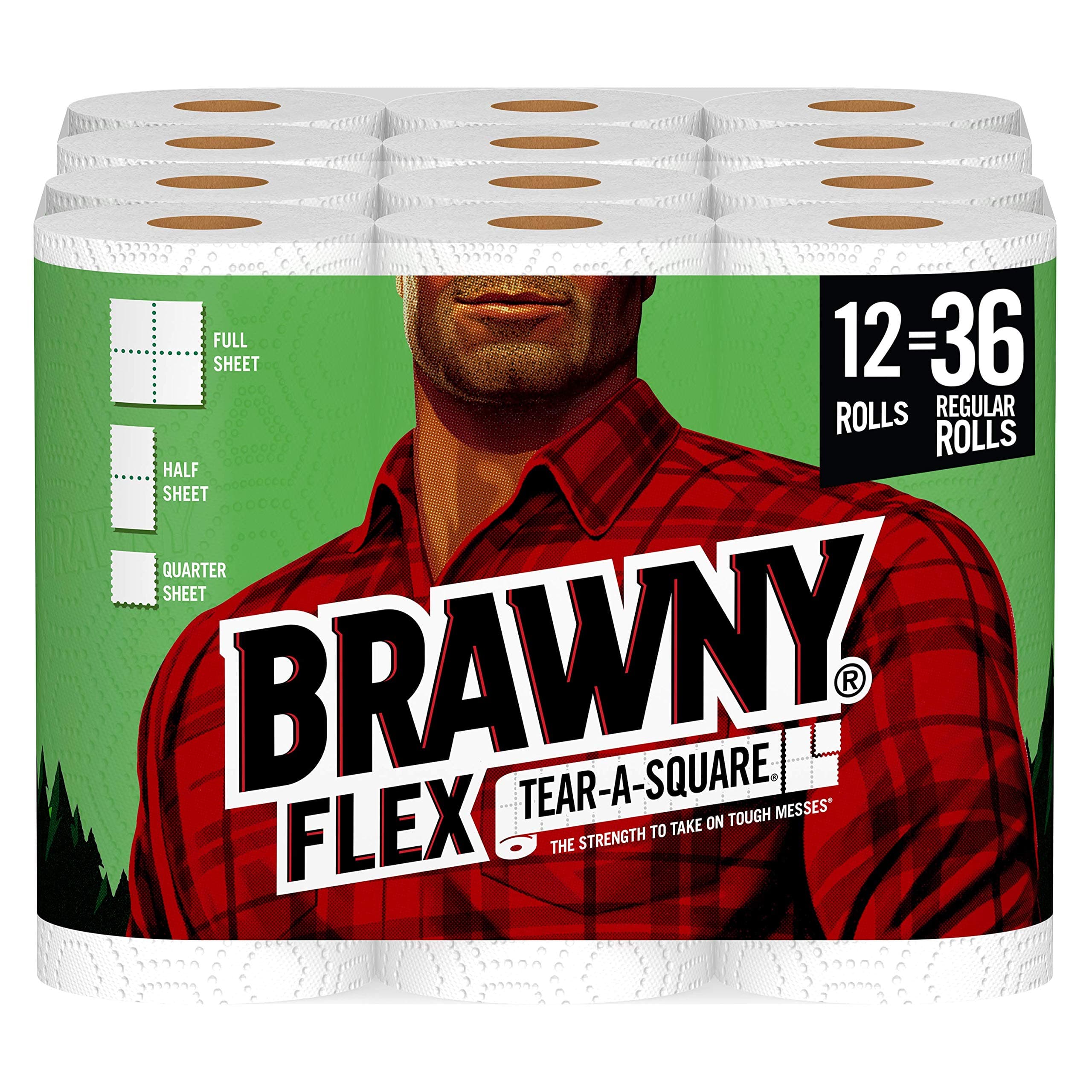 BrawnyFlex Paper Towels, 12 Triple Rolls = 36 Regular Rolls, Tear-A-Square, 3 Sheet Size Options, Quarter Size Sheets, 12 Count (Pack of 1)