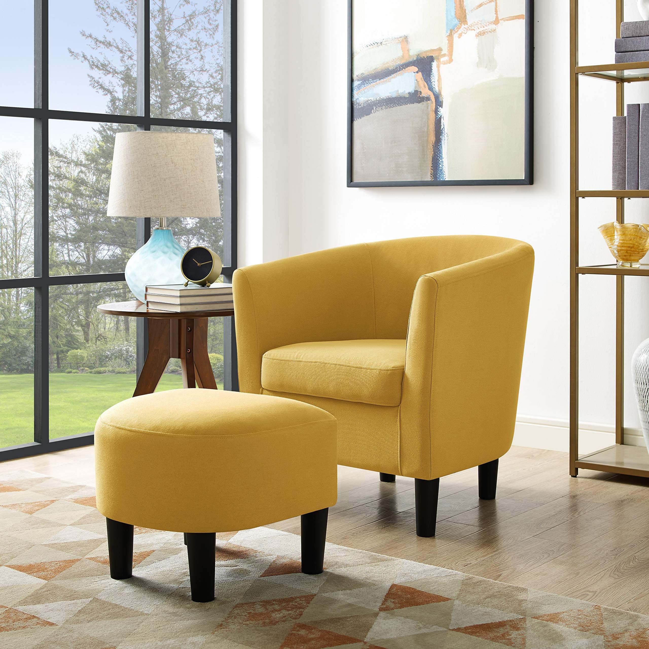 Modern Accent Chair Linen Fabric Arm Chair Upholstered Single Sofa Chair with Ottoman Foot Rest (Mustard Yellow)