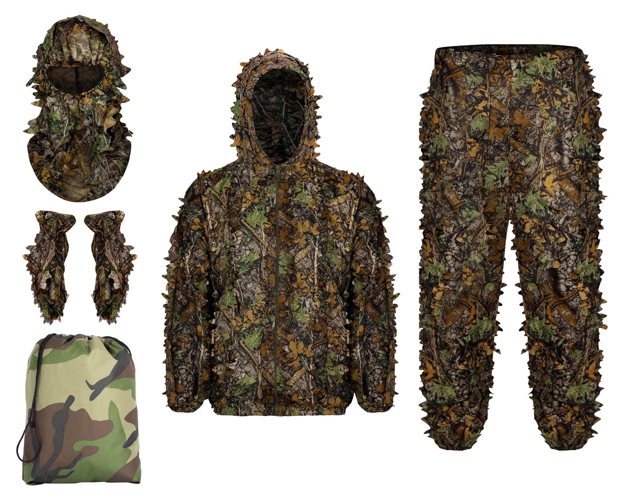 Ghillie Suit Full Face Mask Gloves Set, 3D Leafy Camo Suit for Men, Outdoor Hunting Photography